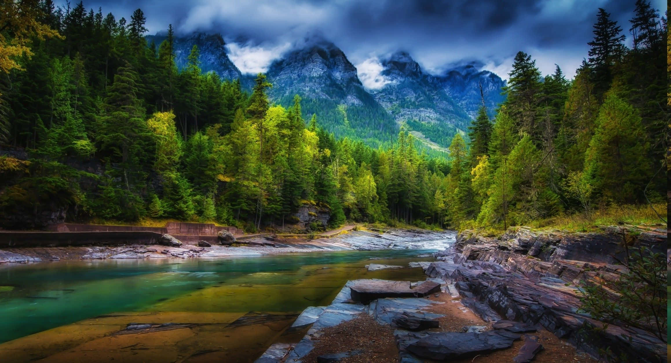Spring River, lush forest, towering mountains, Full HD Desktop Wallpaper