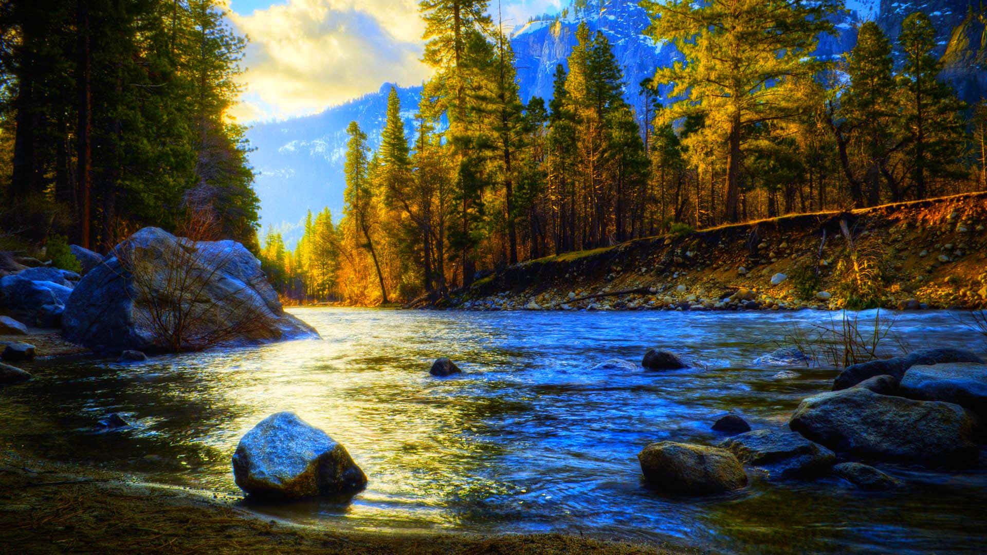 Spring River, 1920 x 1080, golden sunlight, Full HD Desktop Wallpaper