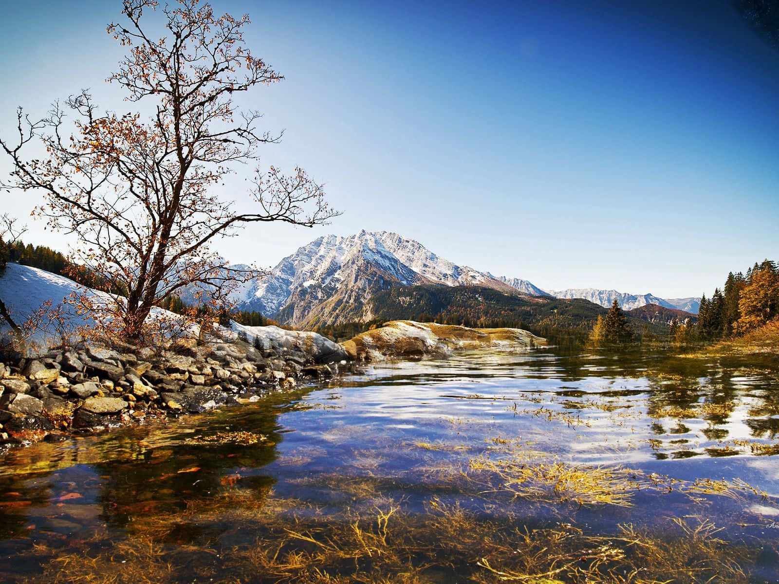 spring water, autumn lake, snow-capped mountains, HD Desktop Wallpaper