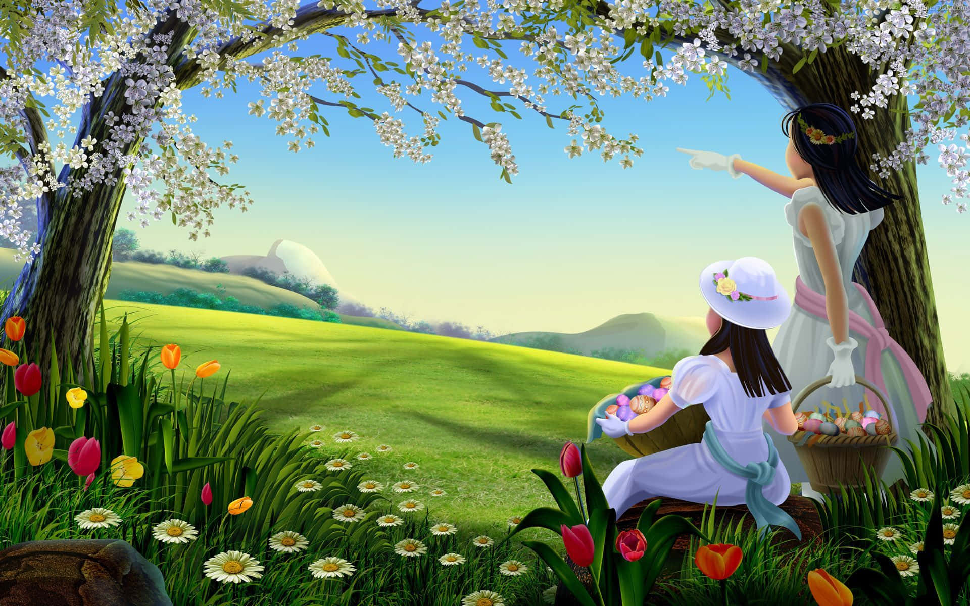 Spring Weather, cherry tree, white dresses, Full HD Desktop Wallpaper