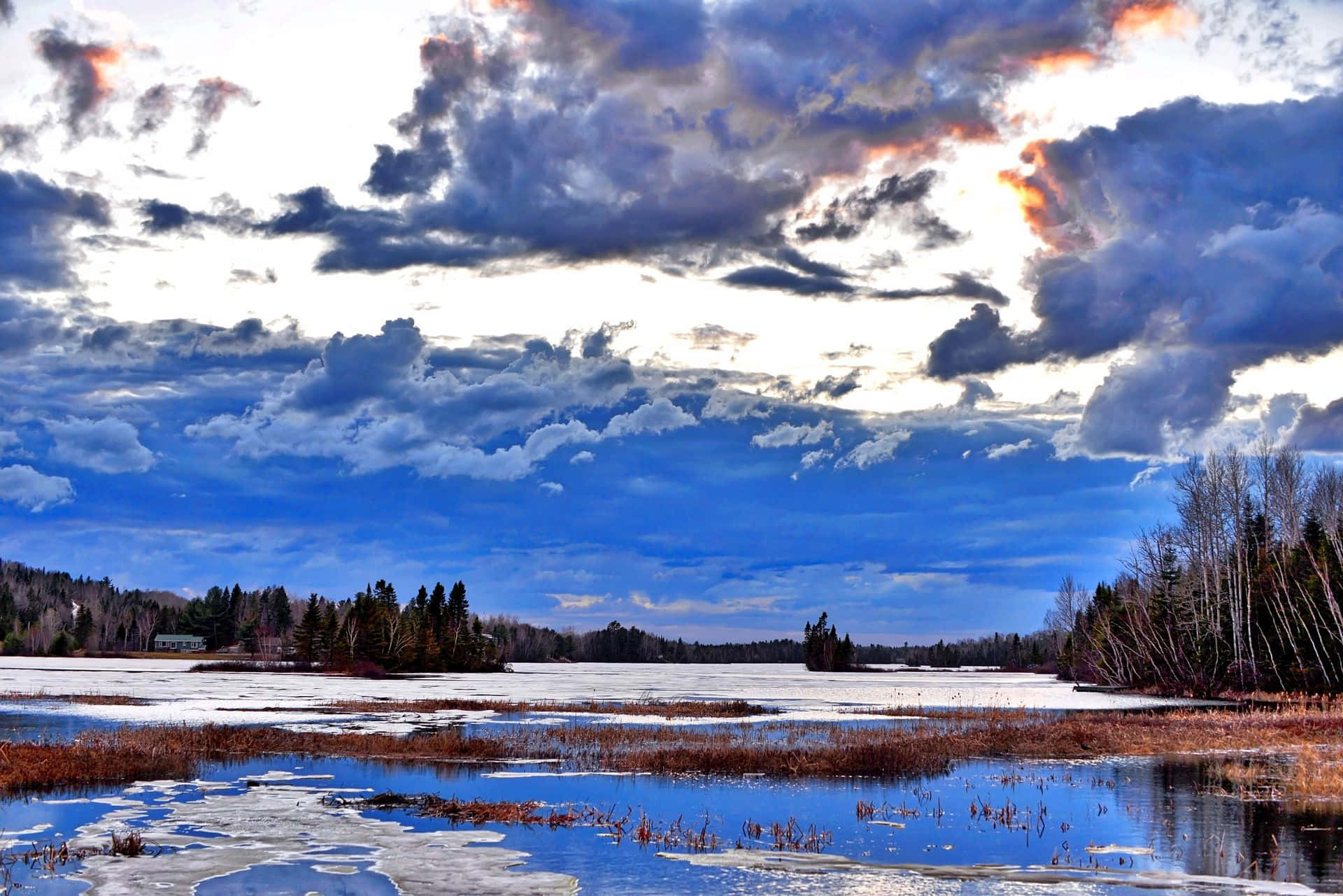 Spring Weather, frozen lake, dramatic sky, Full HD Desktop Wallpaper