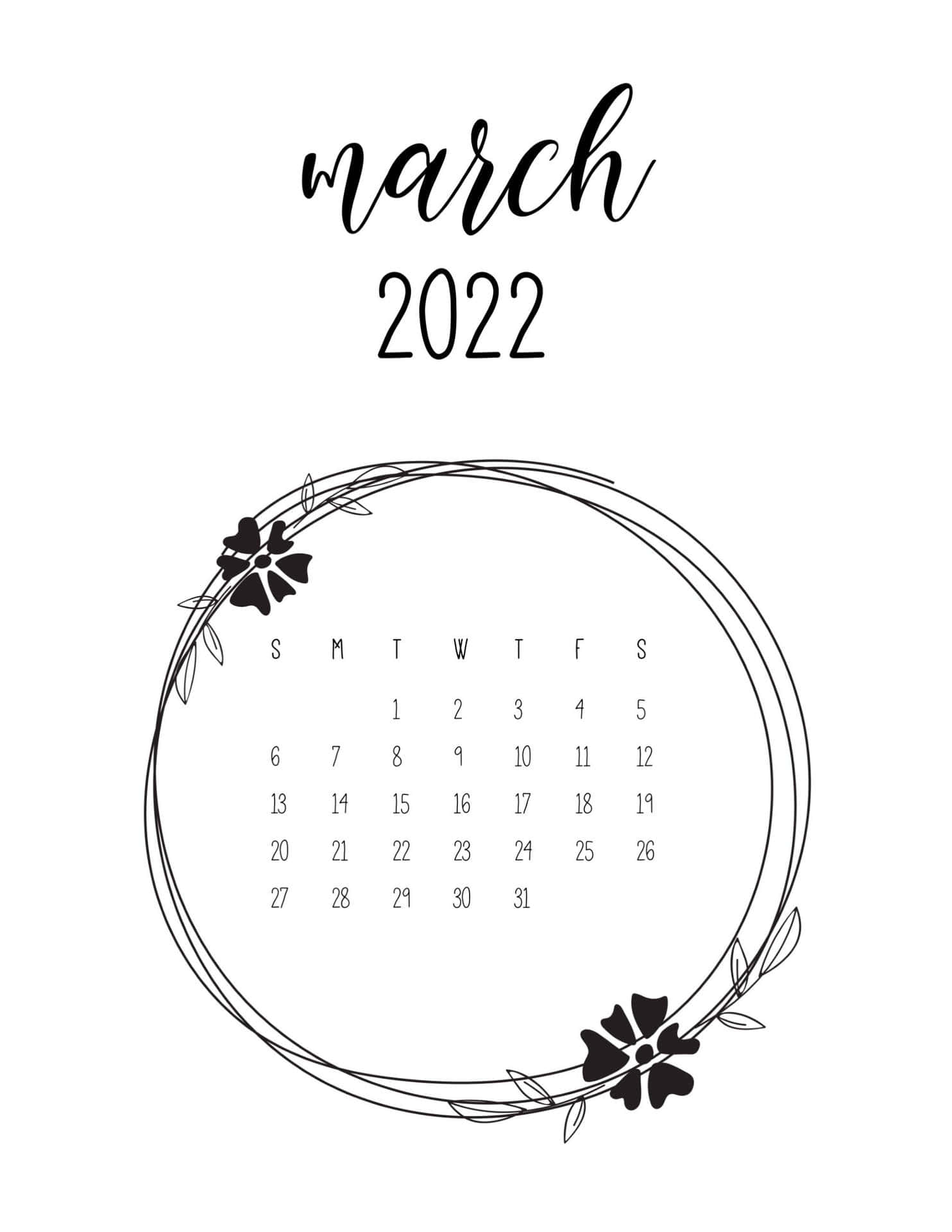 March 2022, black and white, floral wreath, Full HD Phone Wallpaper