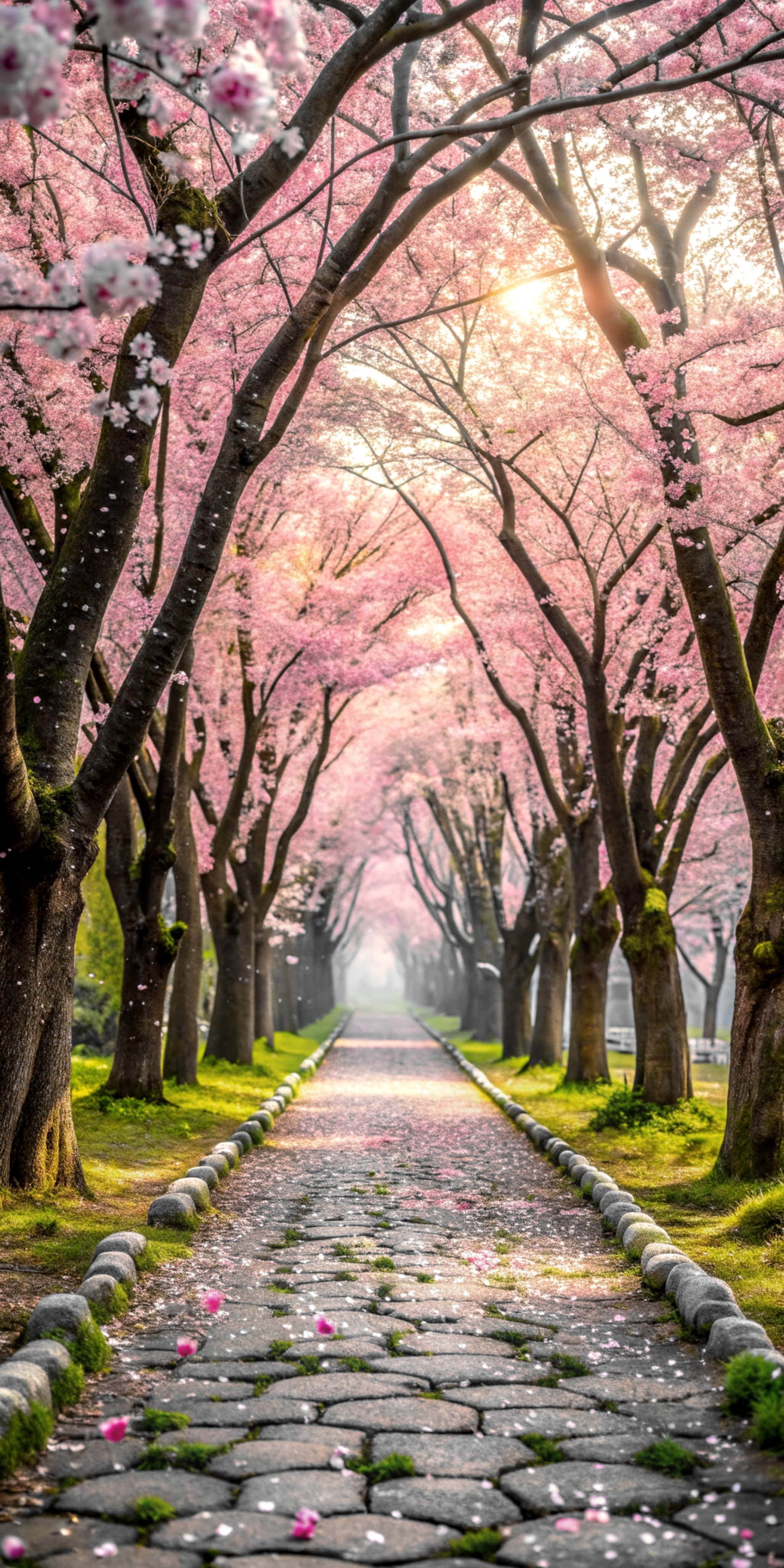 enchanted sakura grove, serene bridge, blooming pink cherry trees, 4K Phone Wallpaper
