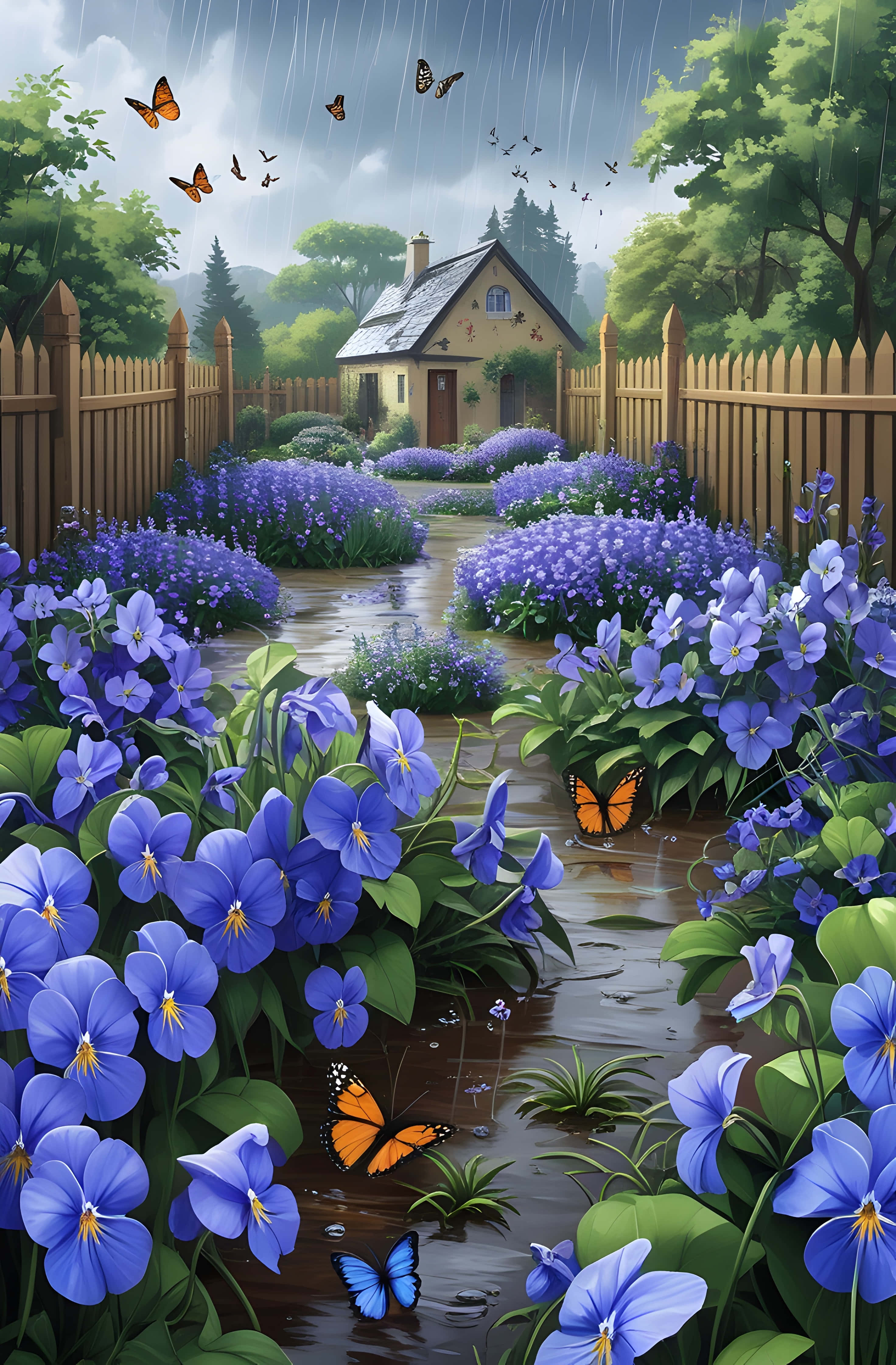 pansy path, rain-drenched garden path, vibrant blue flowers, 4K Phone Wallpaper