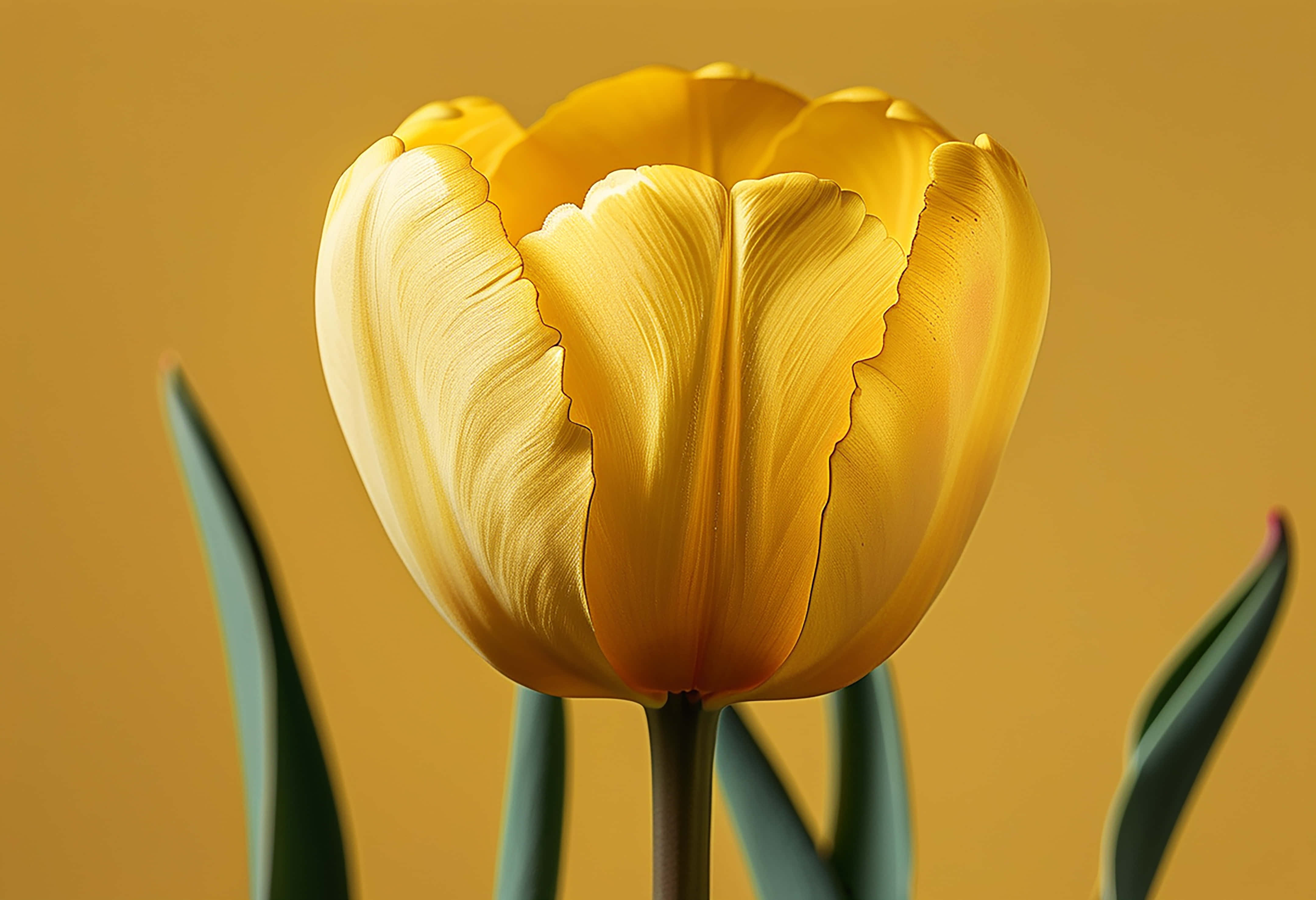 bright yellow tulip, raindrops, delicate petal veins, 4K Desktop Wallpaper