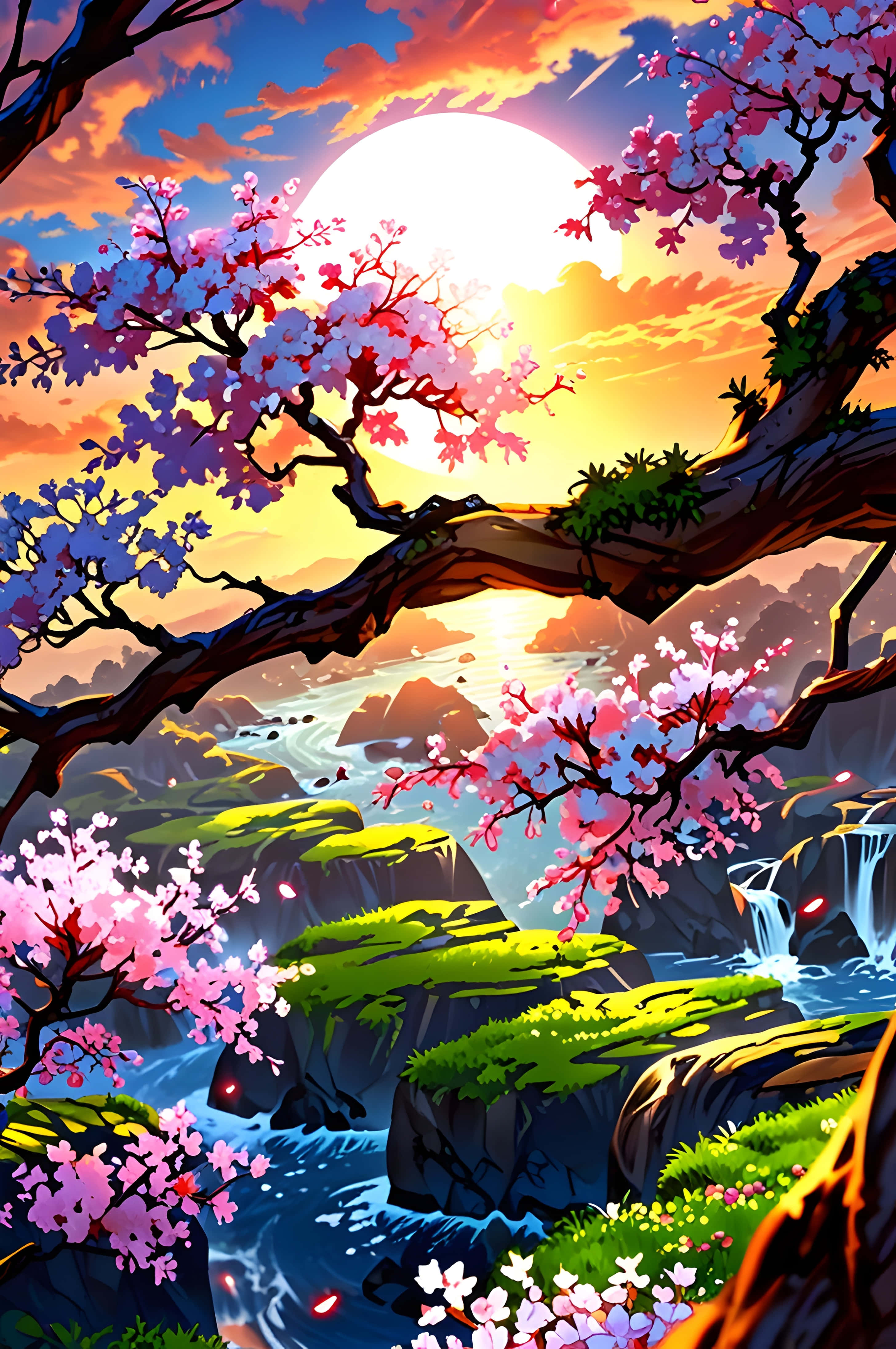 cherry blossoms, dusk, sunset, 4K Phone Wallpaper