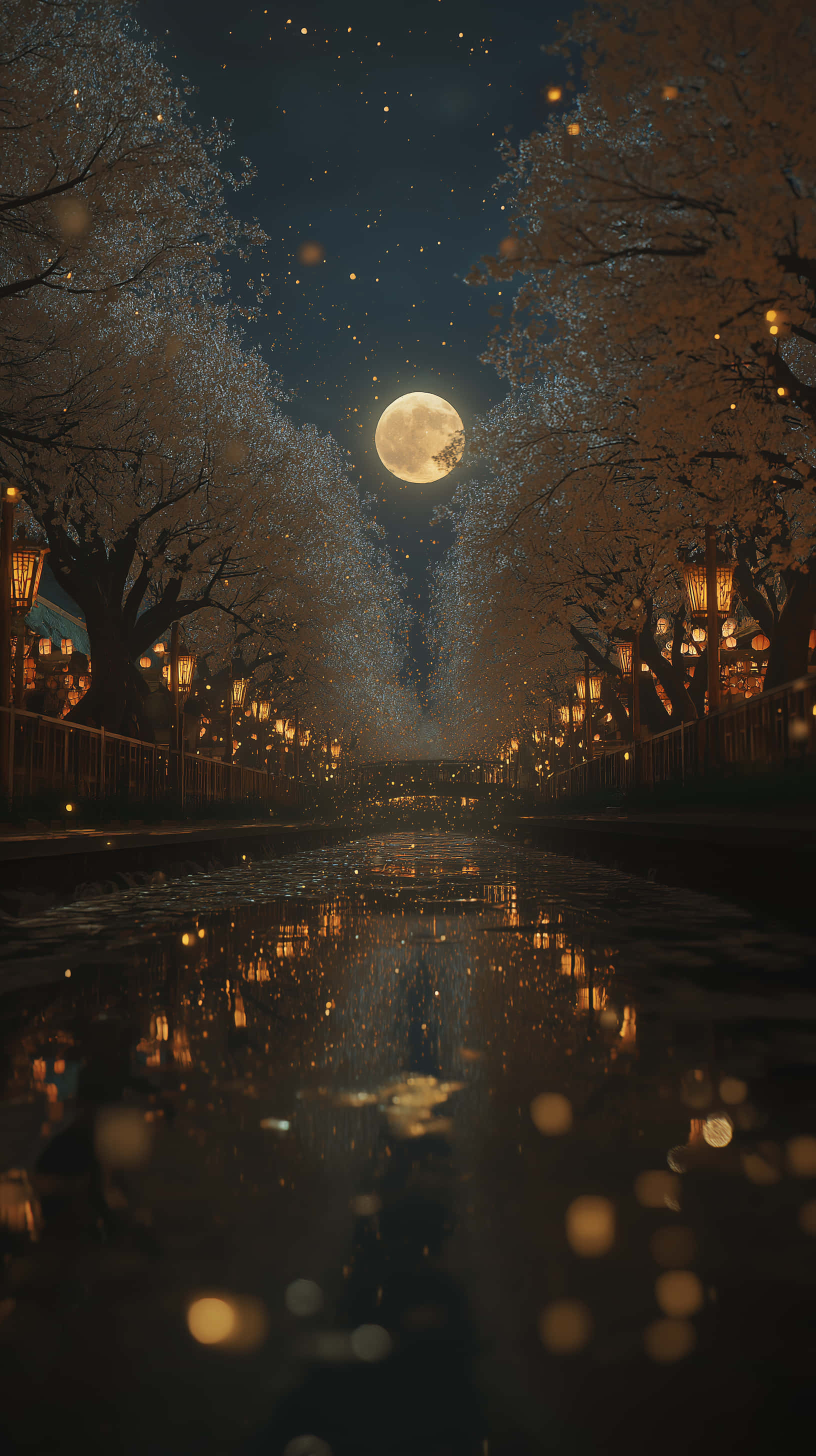 cherry blossom trees, glowing lanterns, moonlit canal, 2K Phone Wallpaper