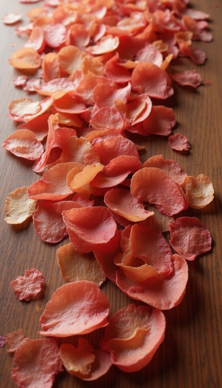 dried coral pink rose petals, warm brown wooden surface, soft natural light, HD Phone Wallpaper