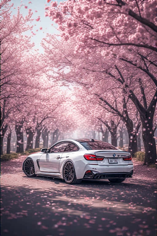 sleek white BMW, cherry blossoms, pink cherry trees, SD Phone Wallpaper