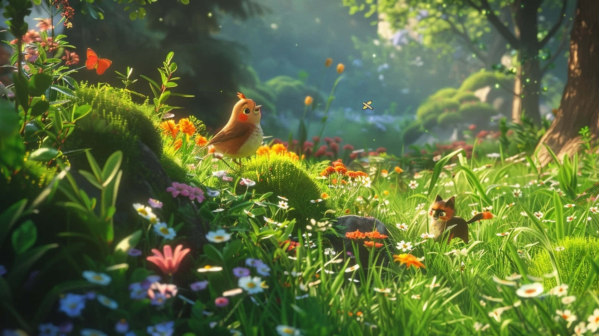 enchanted springtime garden, sunlit forest glade, colorful wildflowers, Full HD Desktop Wallpaper