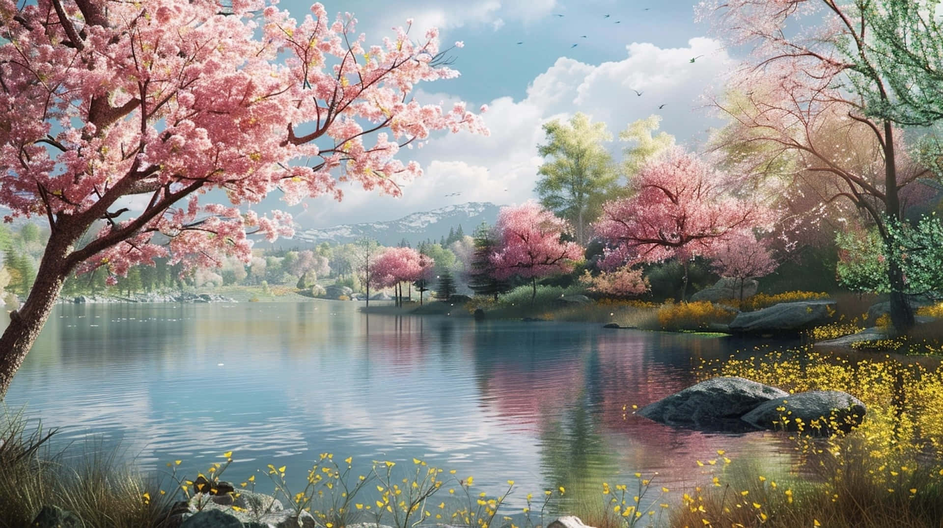springtime serenity, lake, pink cherry blossoms, Full HD Desktop Wallpaper