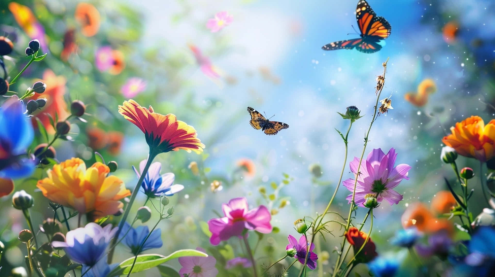 Springtime, wildflowers, butterflies, Full HD Desktop Wallpaper