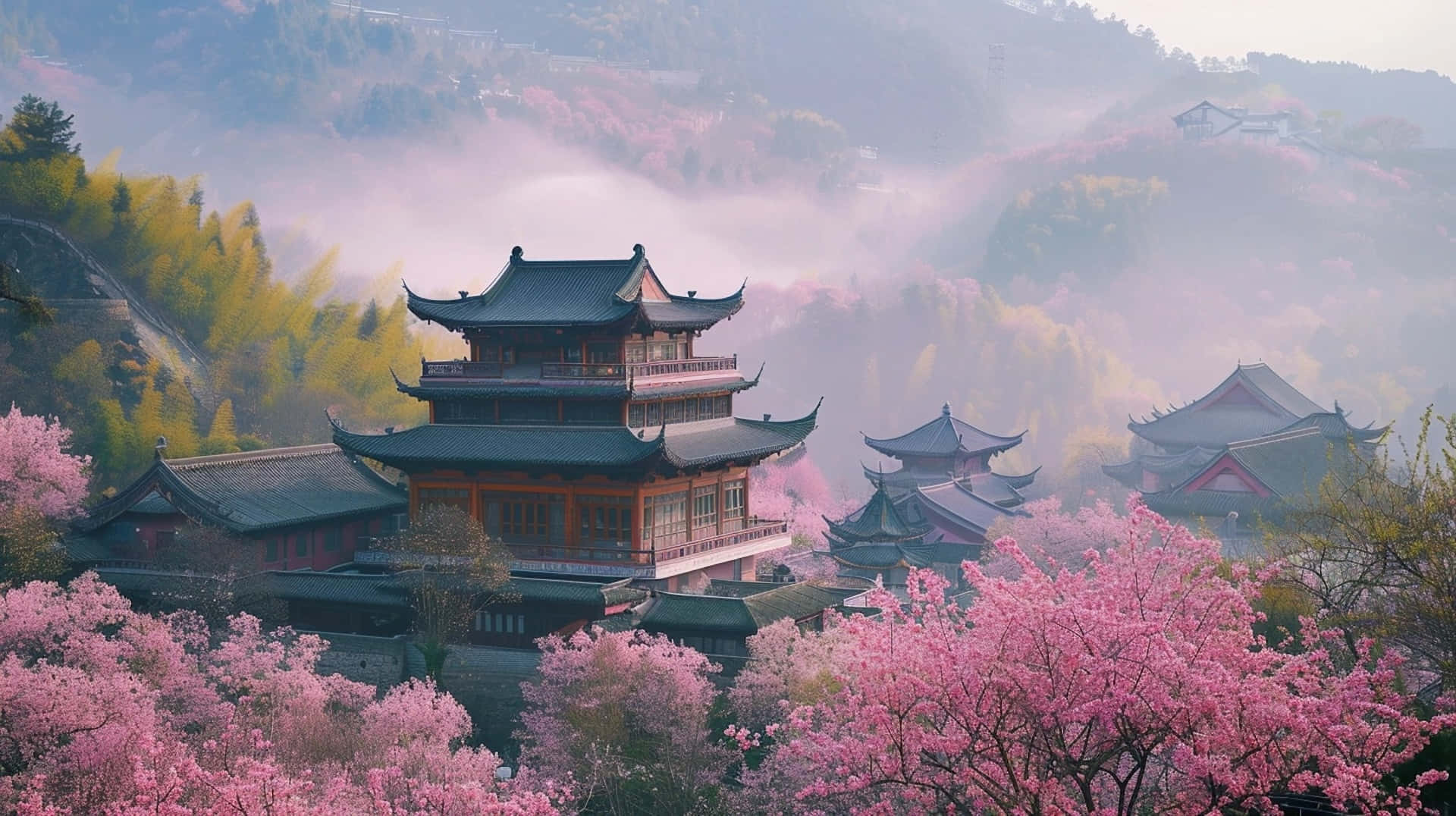 Traditional Asian temple, pink cherry blossoms, misty mountains, Full HD Desktop Wallpaper