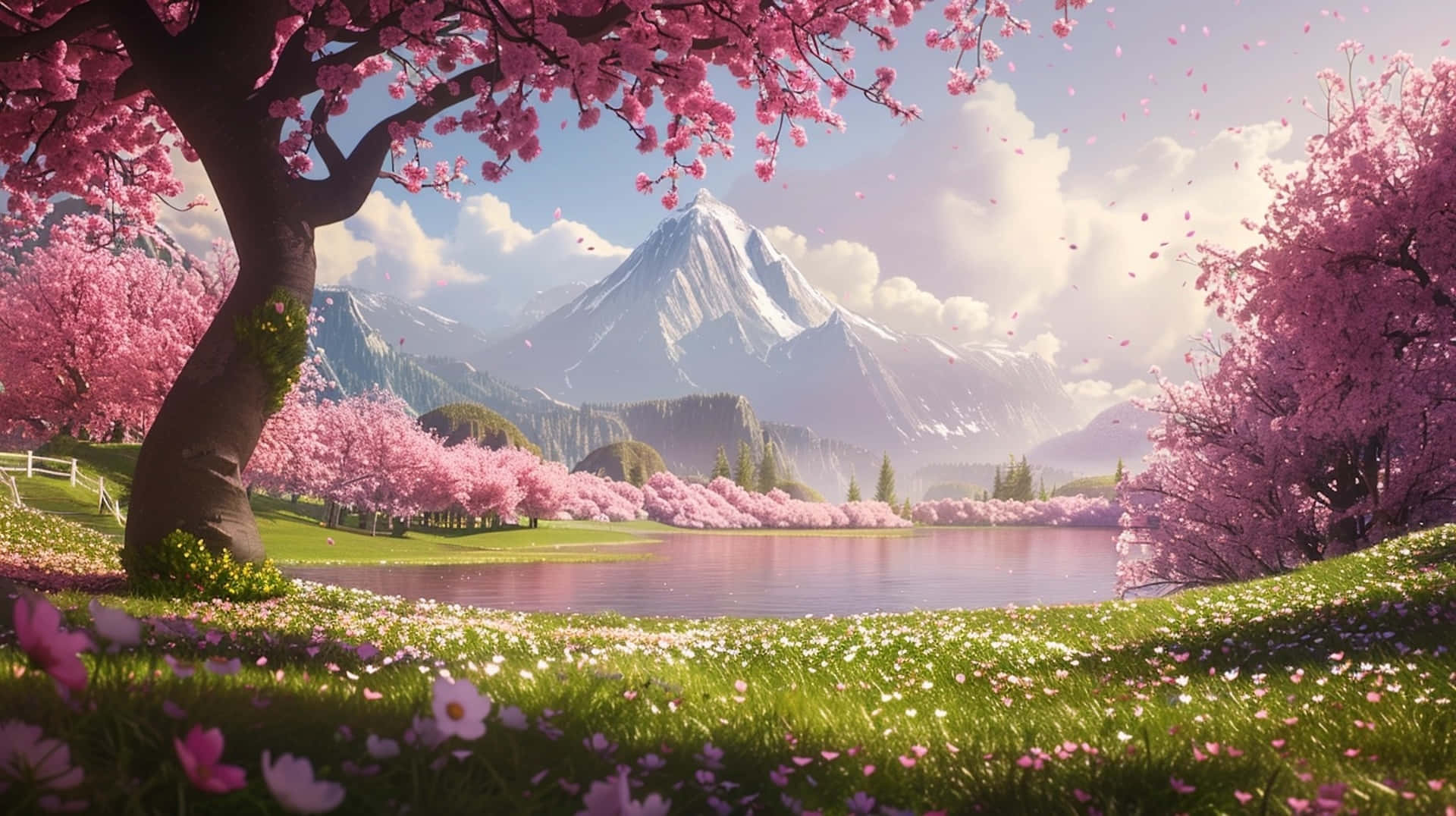 Springtime, cherry blossoms, lake, Full HD Desktop Wallpaper
