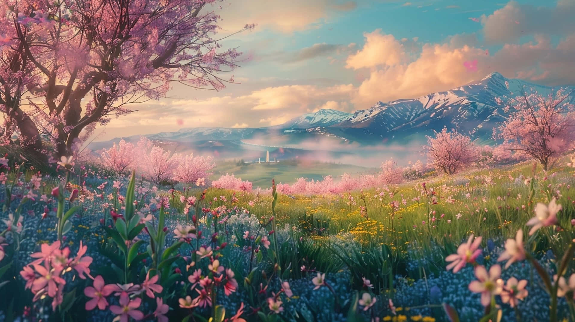 springtime, cherry blossoms, vibrant spring meadow, Full HD Desktop Wallpaper