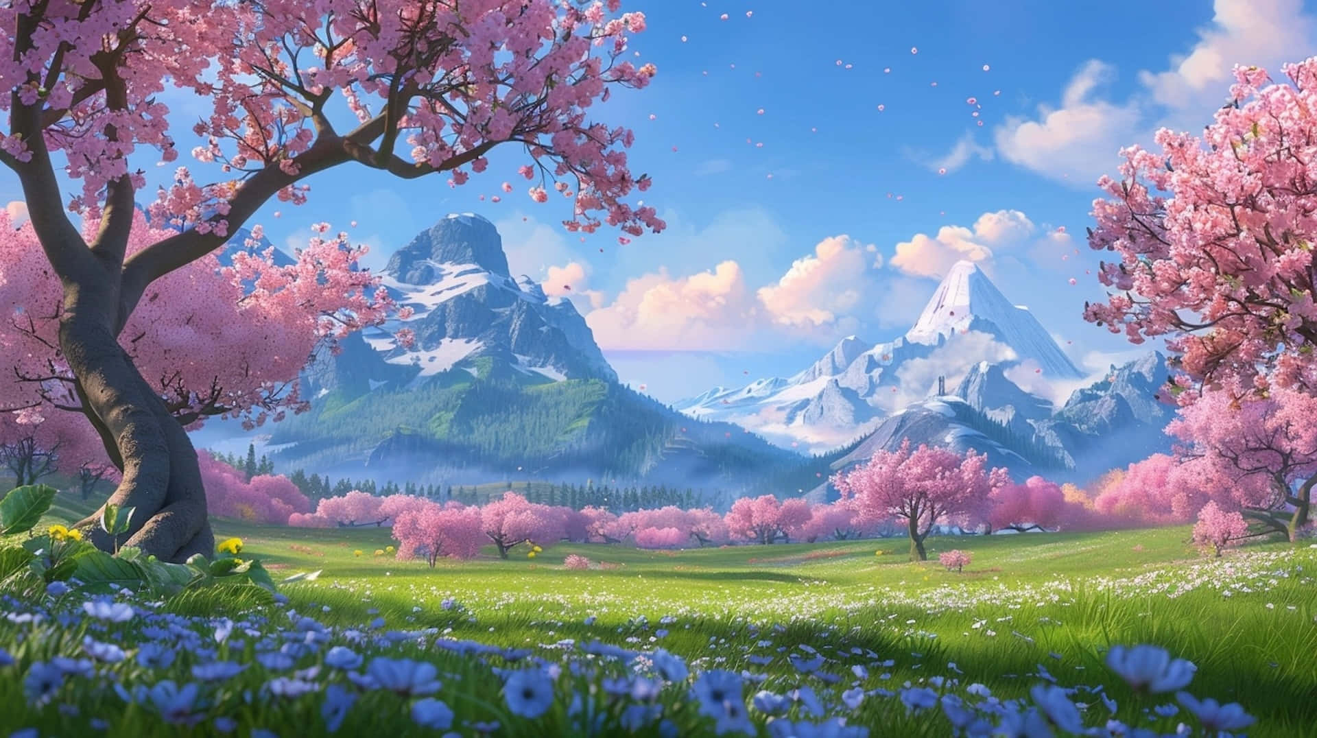 springtime blossom valley, pink cherry blossoms, sunlit meadow, Full HD Desktop Wallpaper