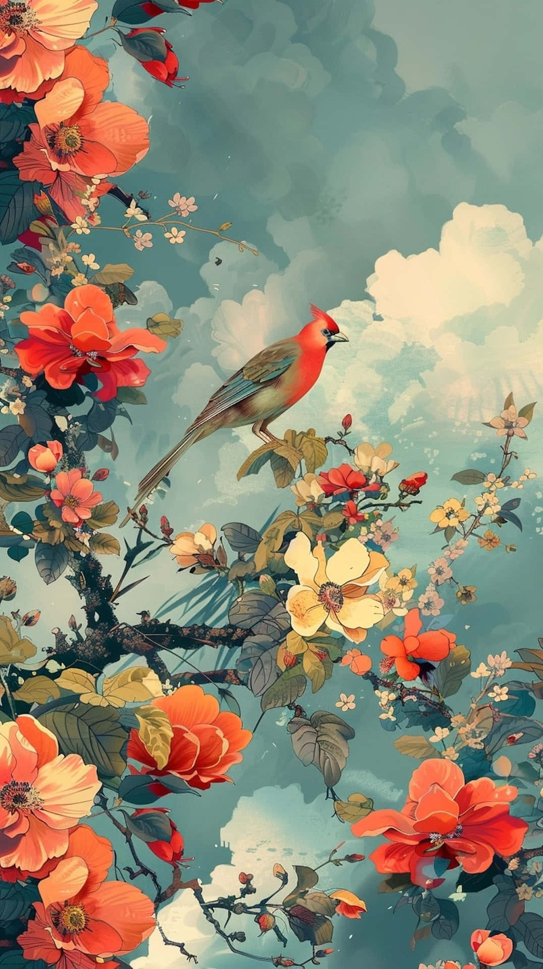 Springtime, cardinal, blossoming branch, Full HD Phone Wallpaper
