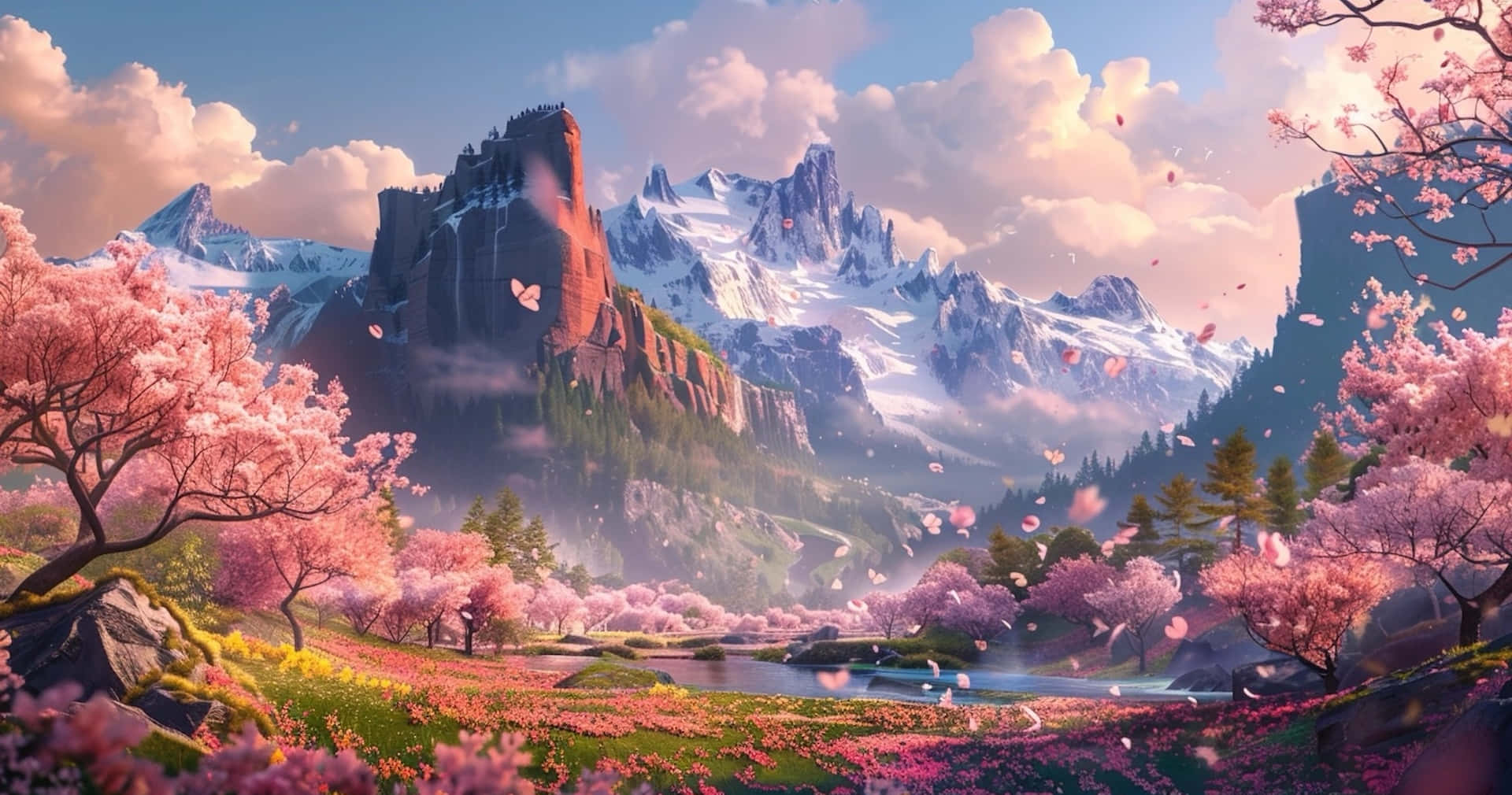 springtime blossom valley, pink cherry blossoms, valley, Full HD Desktop Wallpaper
