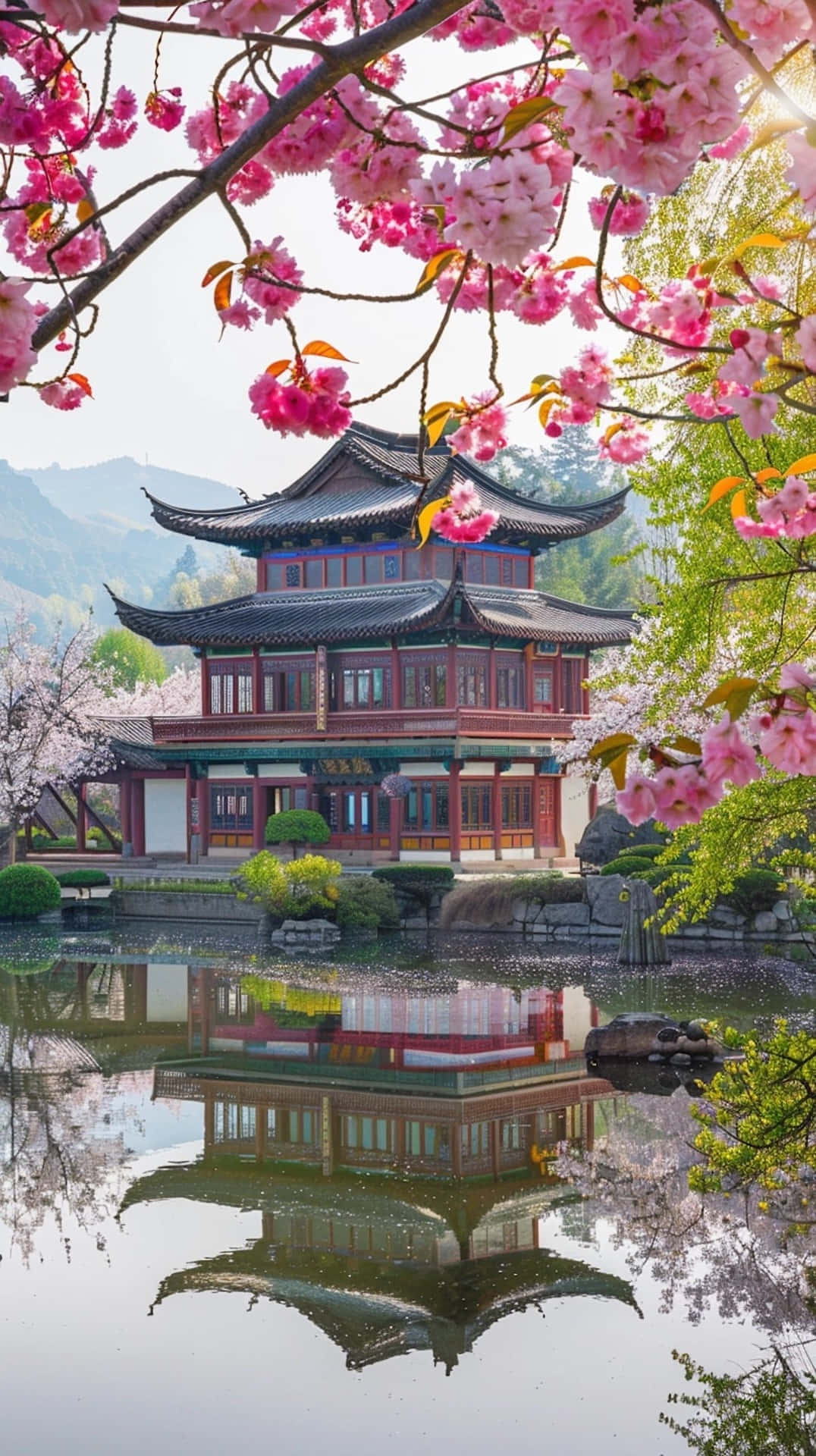 traditional Chinese pavilion, curved roofs, tranquil pond, Full HD Phone Wallpaper