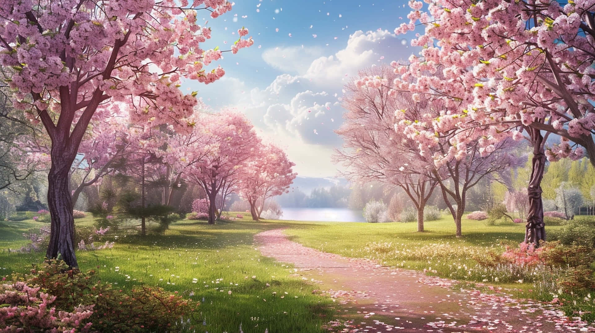 springtime blossom path landscape, pink cherry blossom trees, bright blue sky, Full HD Desktop Wallpaper