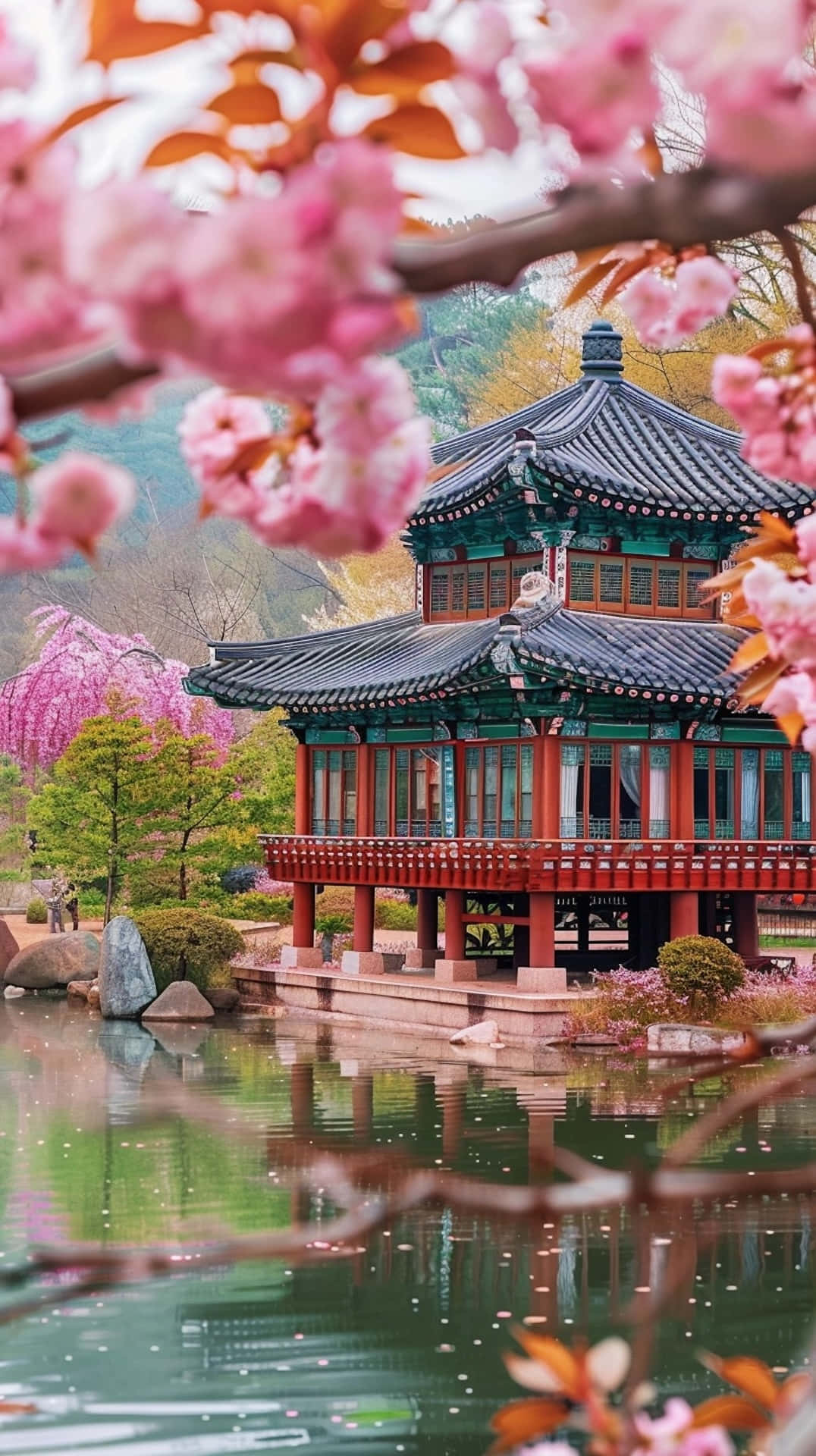 traditional Korean pavilion, red pillars, dark tiled roof, Full HD Phone Wallpaper