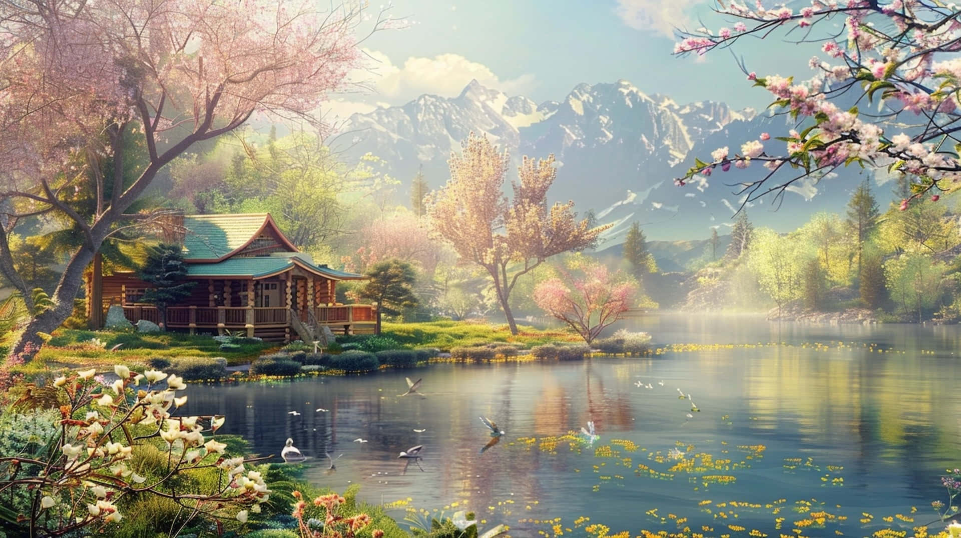 Springtime Lake Cabin Idyll, lakeside cabin, blooming cherry trees, Full HD Desktop Wallpaper