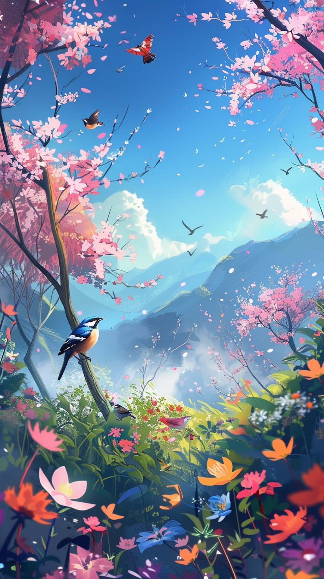 enchanted springtime garden, cherry blossoms, clear blue sky, Full HD Phone Wallpaper