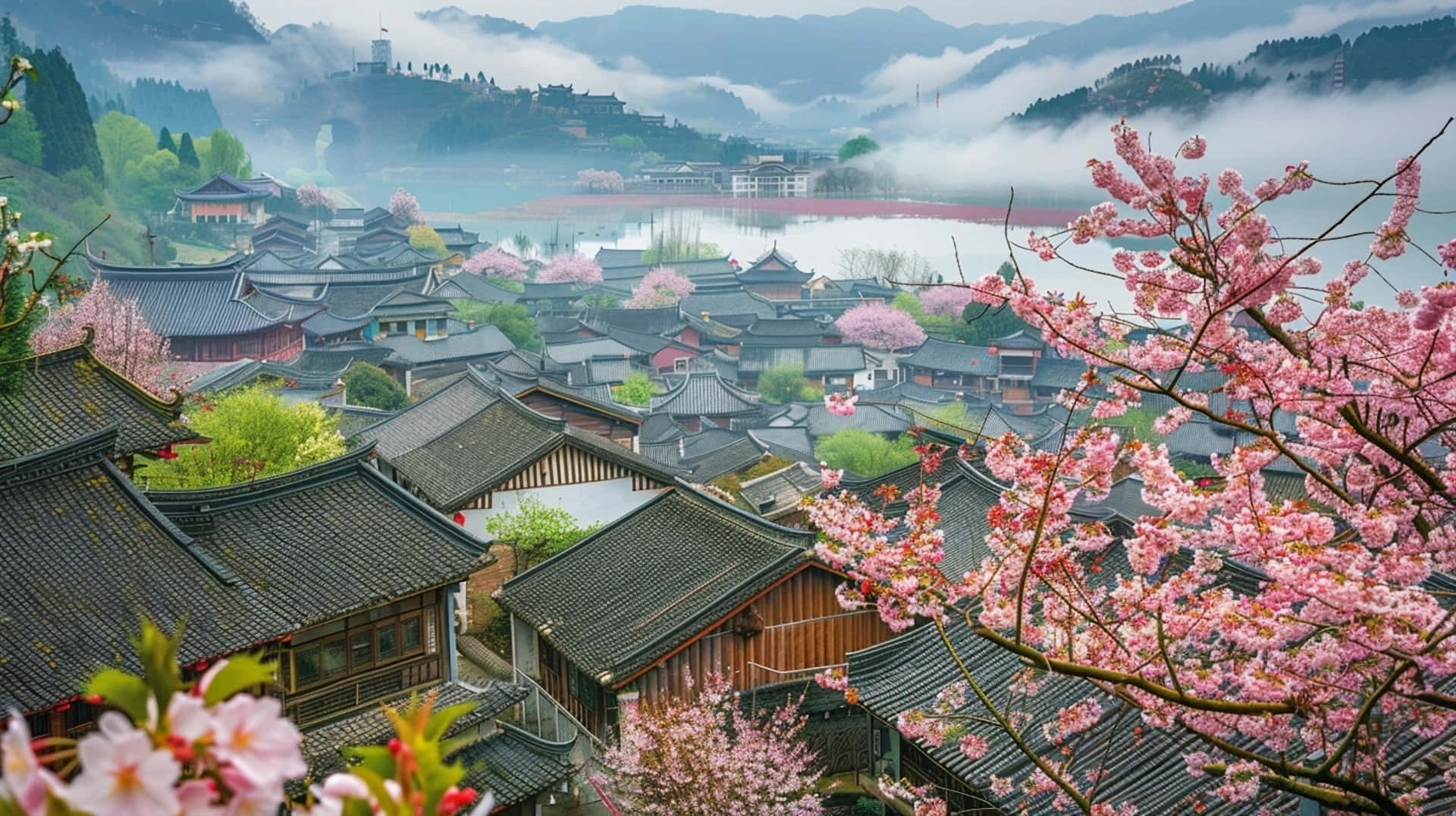 Springtime, misty mountain village, traditional tiled roofs, Full HD Desktop Wallpaper