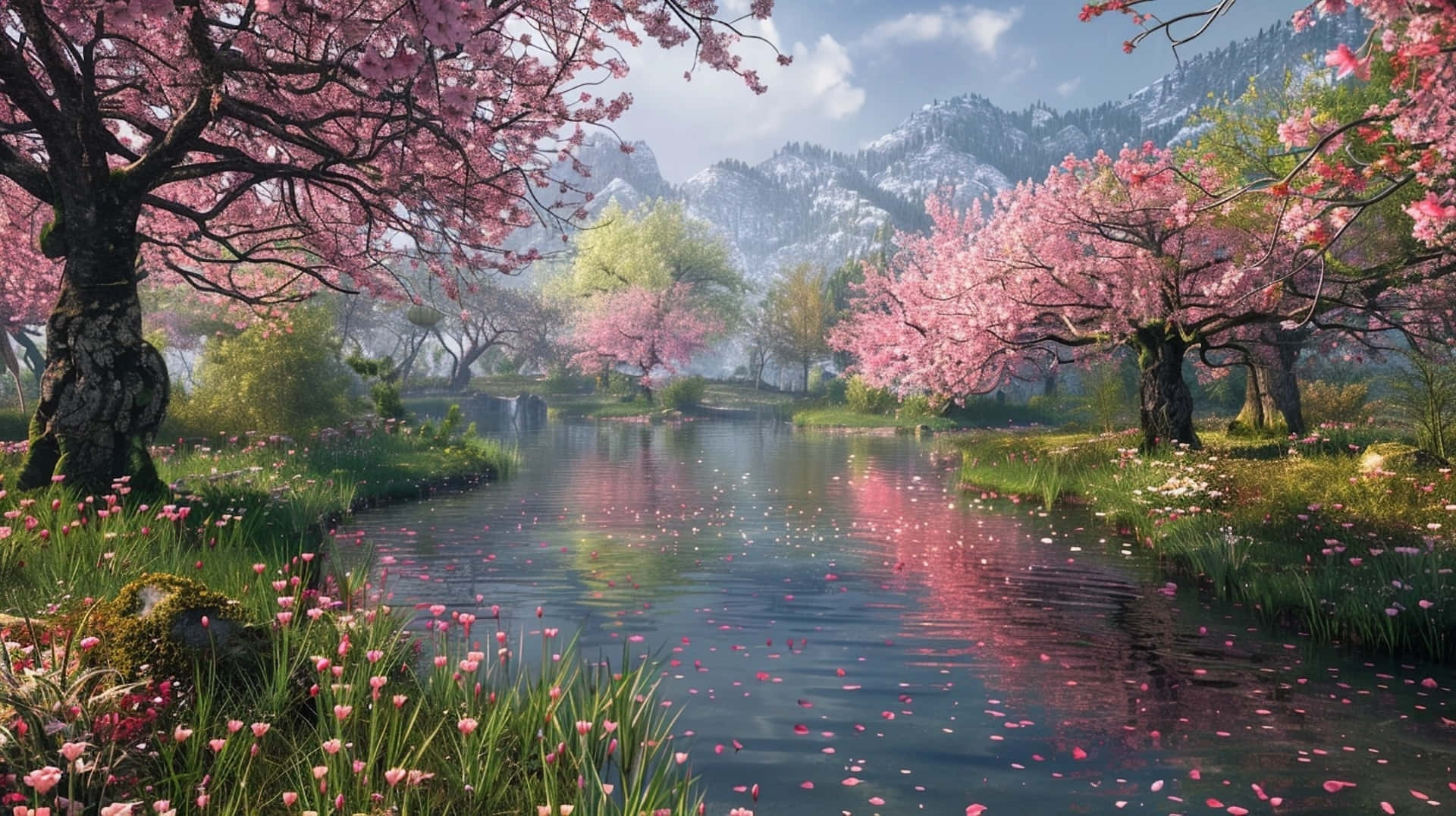 Springtime, blossoming pink cherry trees, serene river, Full HD Desktop Wallpaper