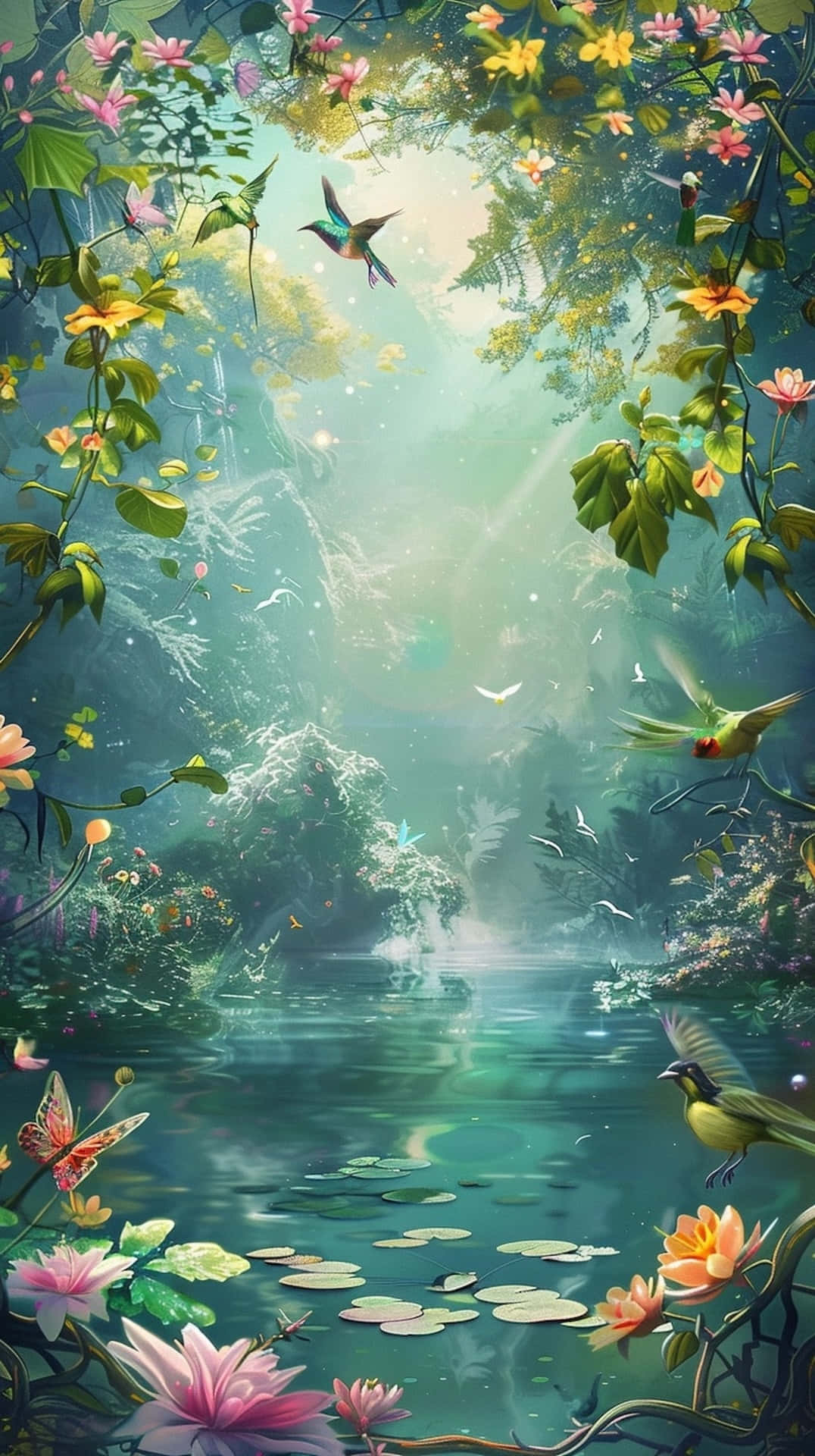 enchanted springtime forest glade, luminous forest clearing, tranquil pond, Full HD Phone Wallpaper