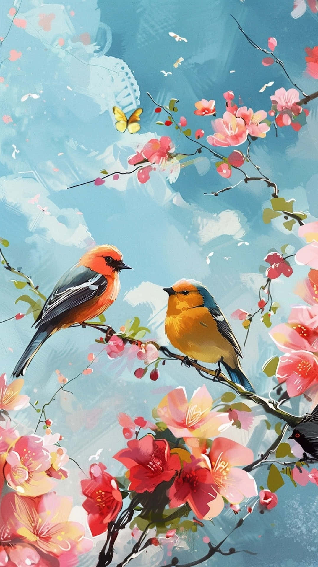 Springtime, birds, blossoming cherry branches, Full HD Phone Wallpaper