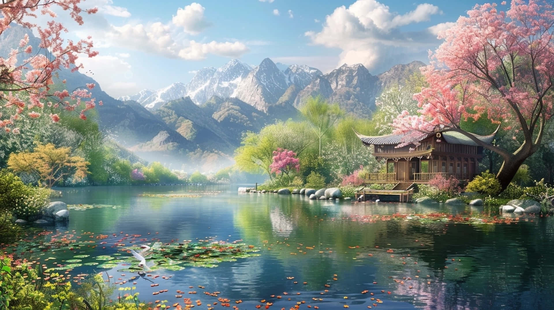 Springtime Serenity Lake, lake, snowcapped mountains, Full HD Desktop Wallpaper