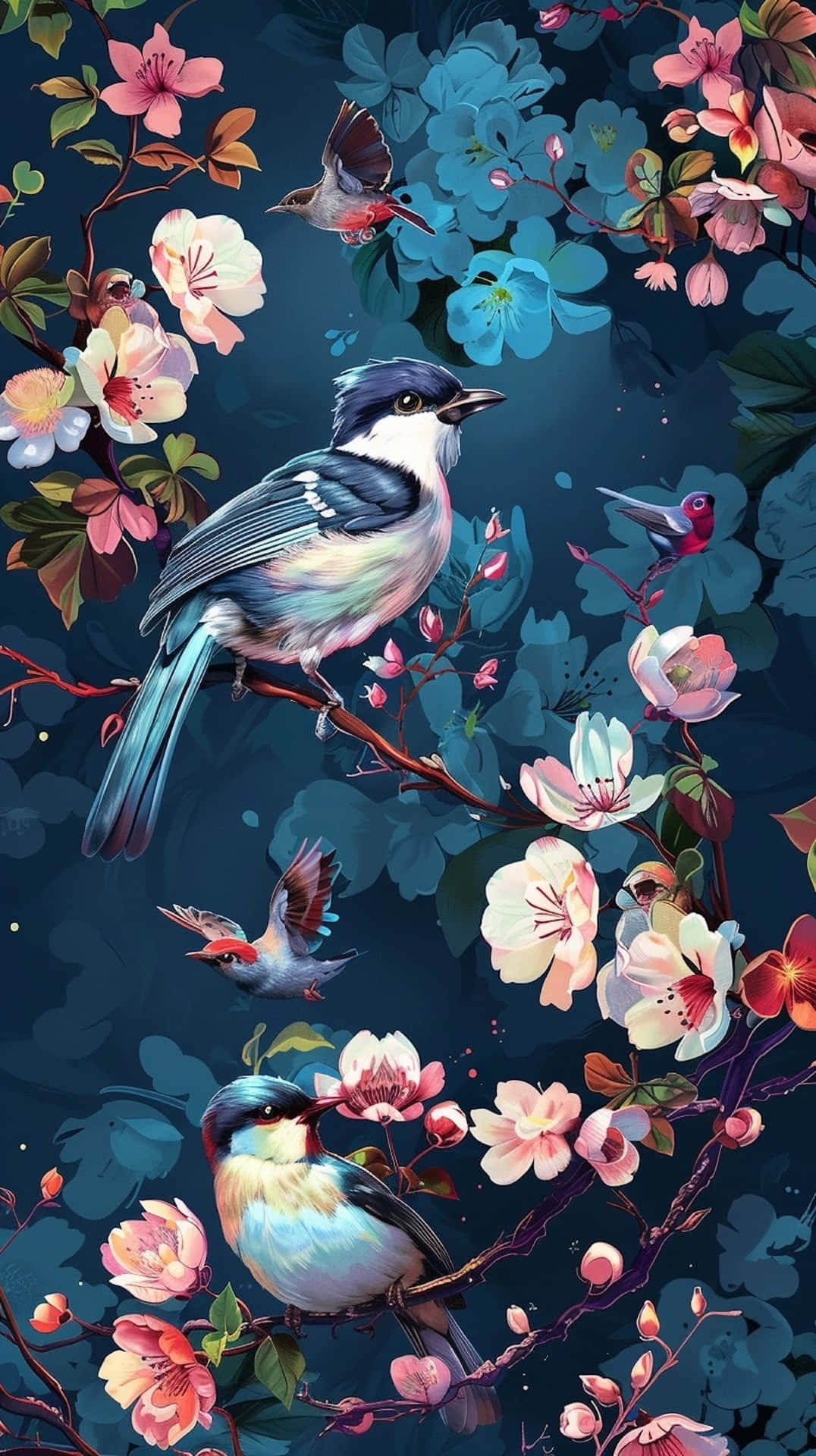 Springtime, birds, blooming pink and blue flowers, Full HD Phone Wallpaper
