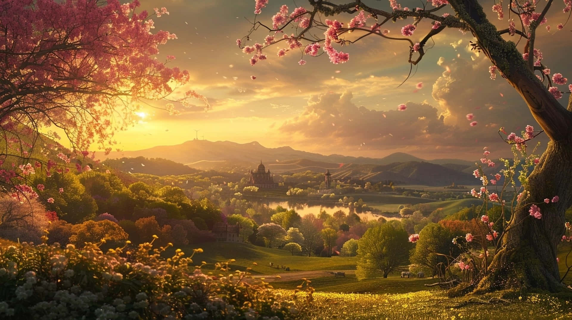Springtime, sunset, valley, Full HD Desktop Wallpaper