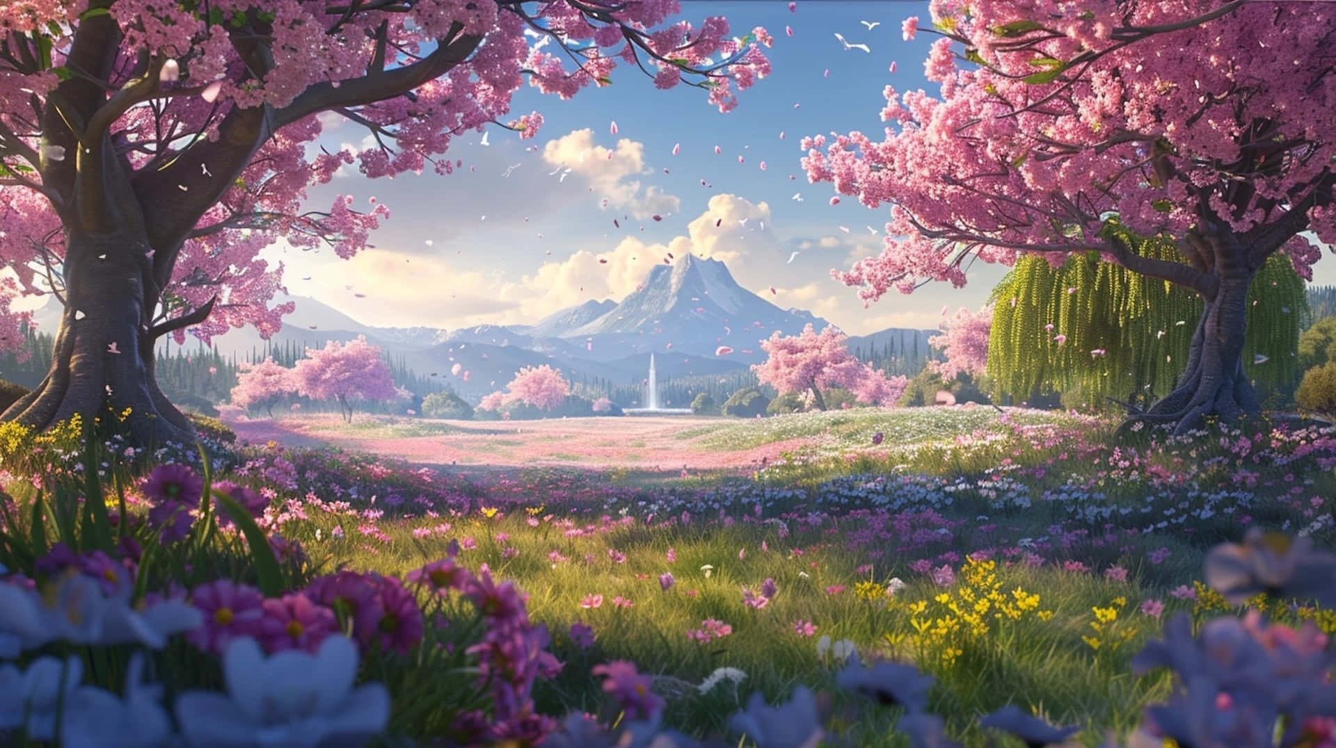 springtime, blossom valley, pink cherry blossoms, Full HD Desktop Wallpaper
