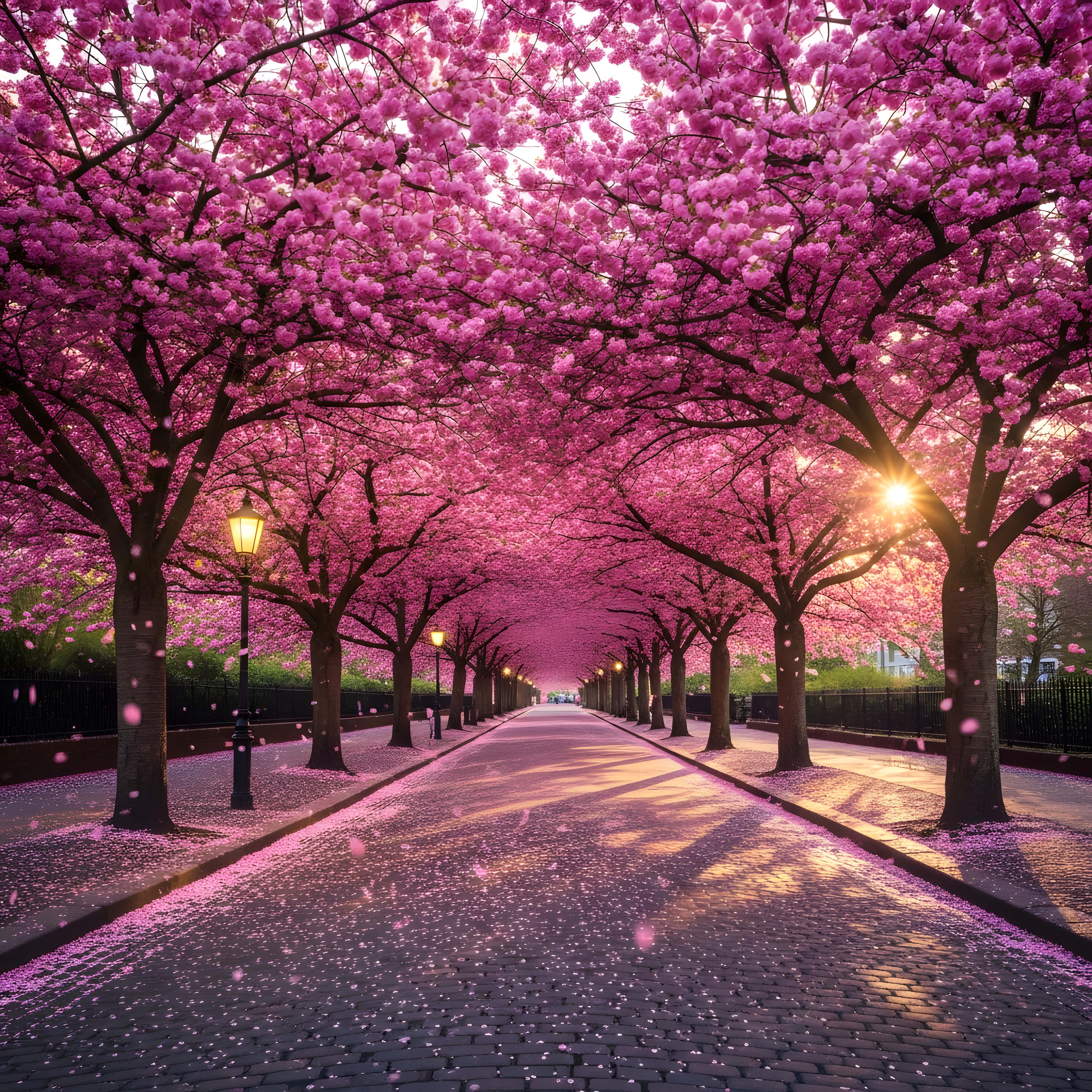 pink blossom alley, cherry blossom trees, cobblestone path, 4K Desktop Wallpaper