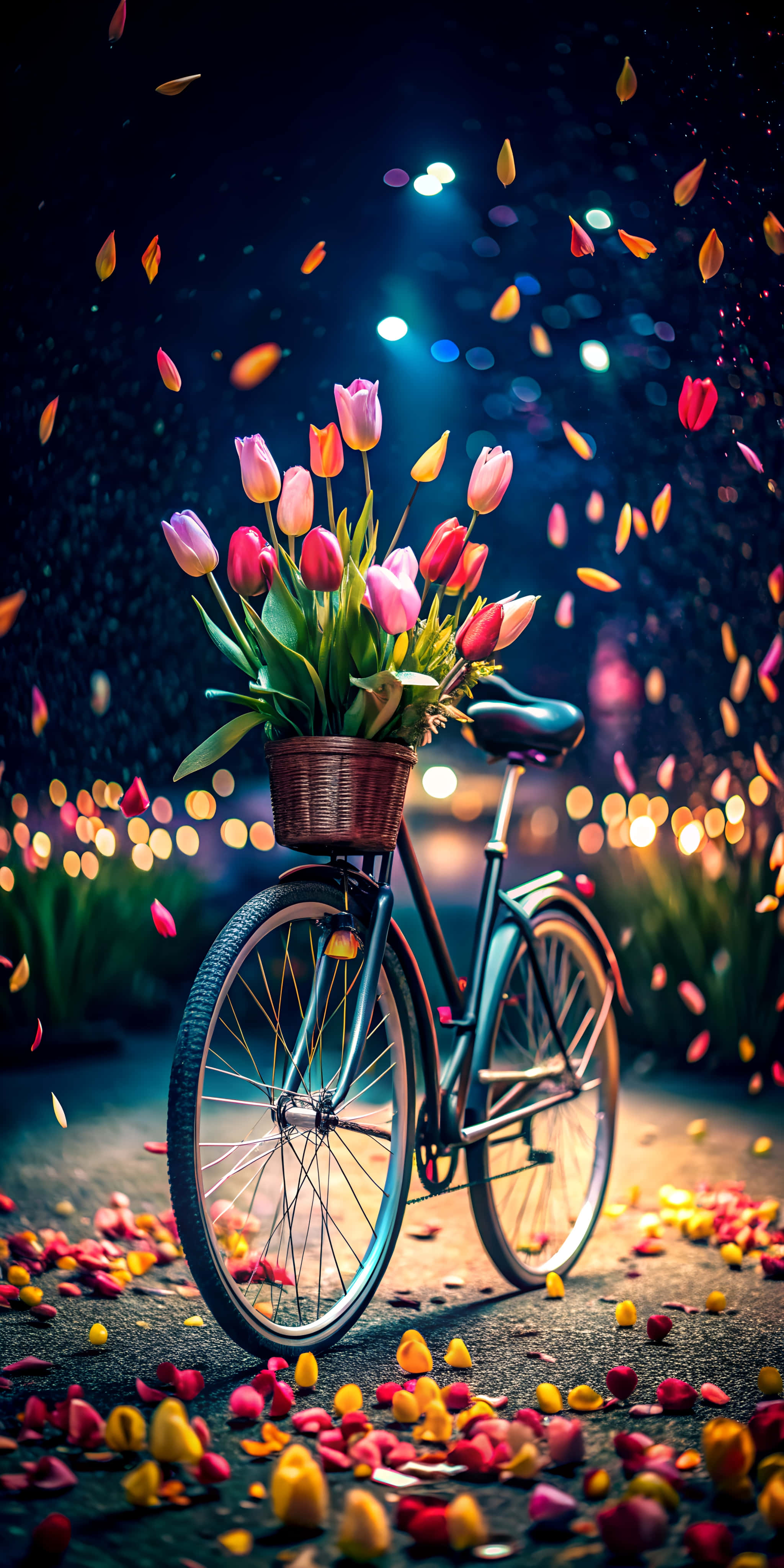 vintage bicycle, basket of pink tulips, glowing lights, 4K Phone Wallpaper