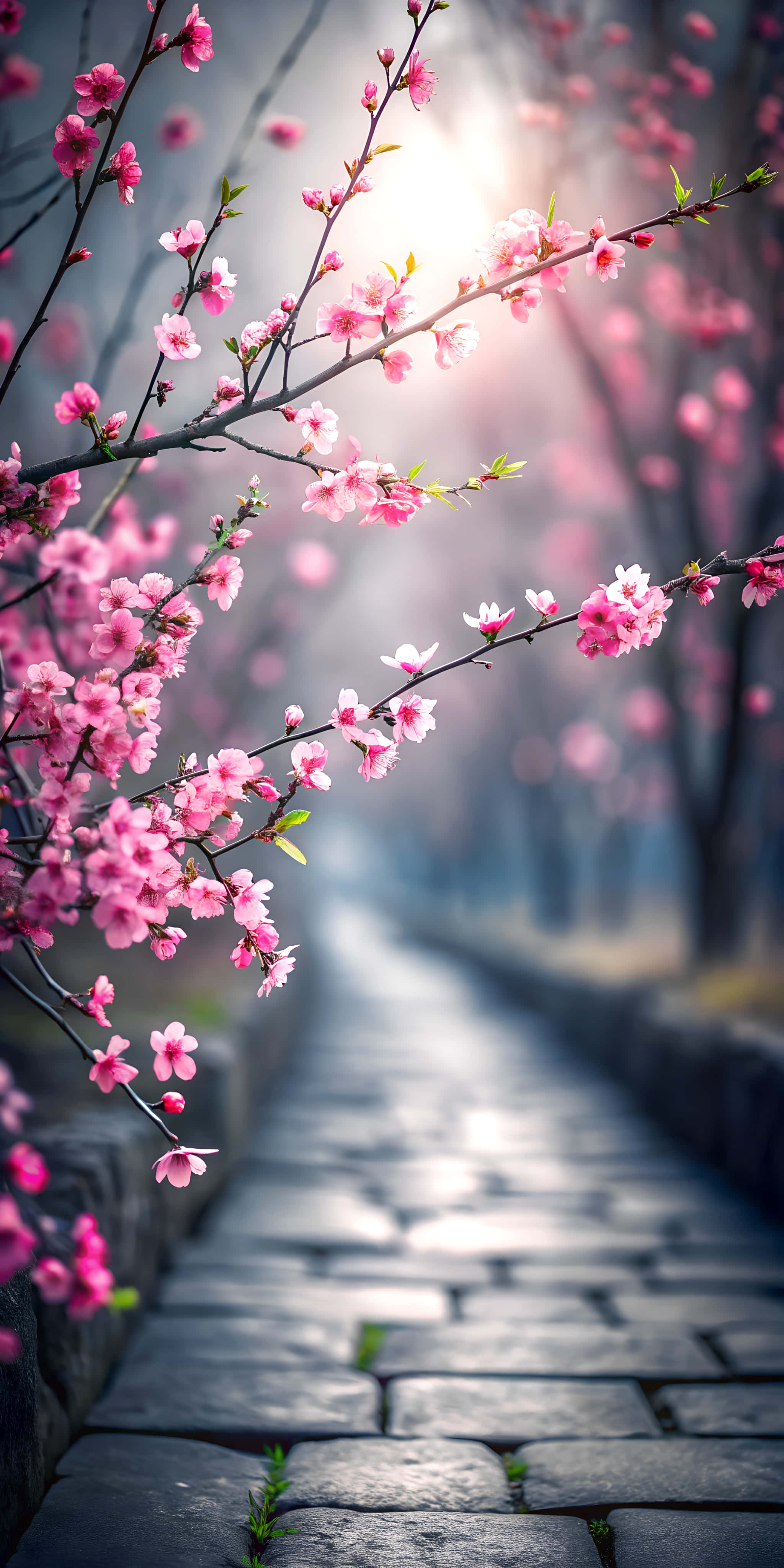 pink cherry blossoms, sunlit stone path, misty garden, 4K Phone Wallpaper