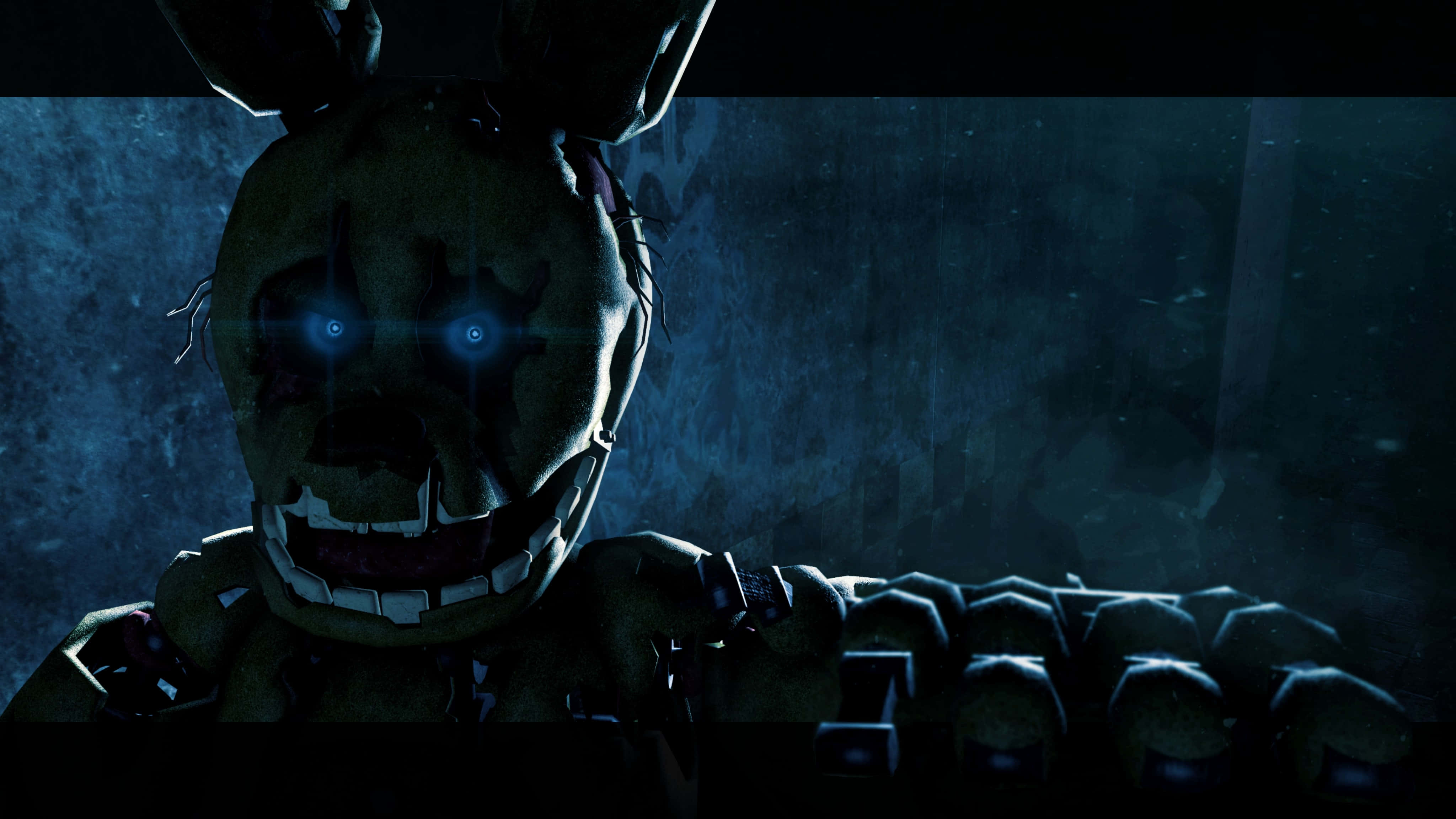 Springtrap, glowing blue eyes, dark, gritty industrial setting, 4K Desktop Wallpaper