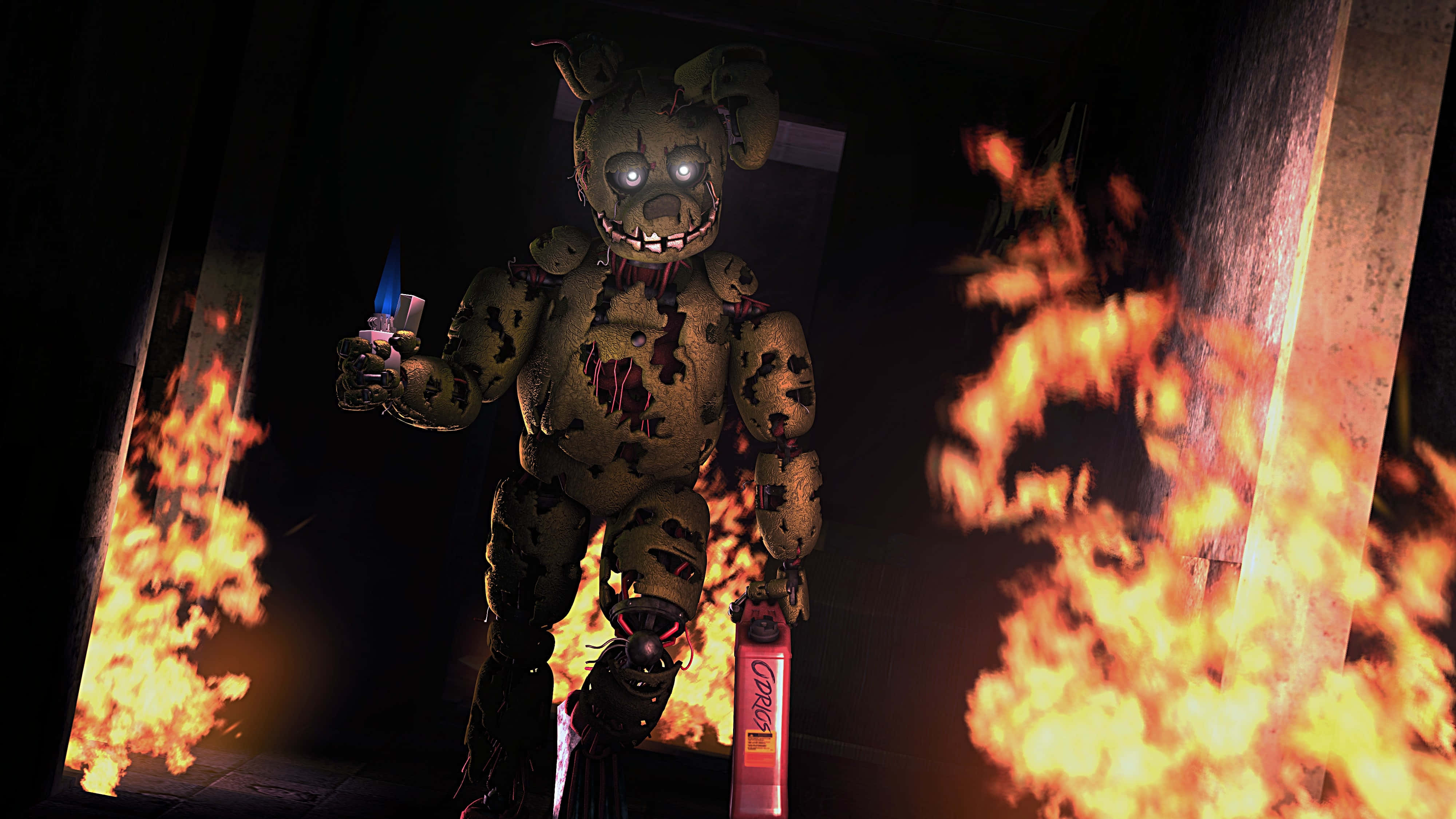 Springtrap, animatronic bunny, glowing eyes, 4K Desktop Wallpaper