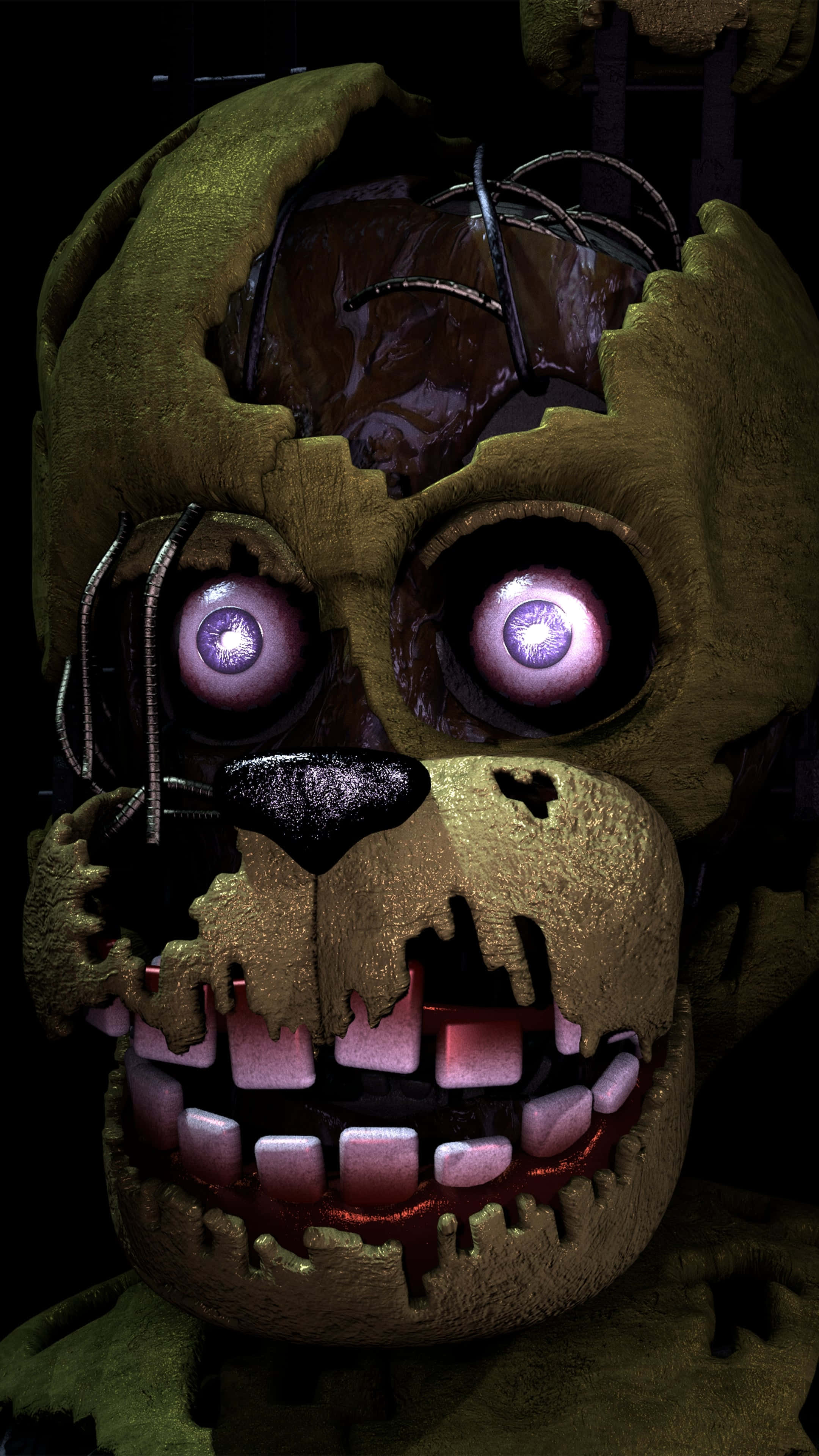 Springtrap, glowing purple eyes, exposed wires, 4K Phone Wallpaper