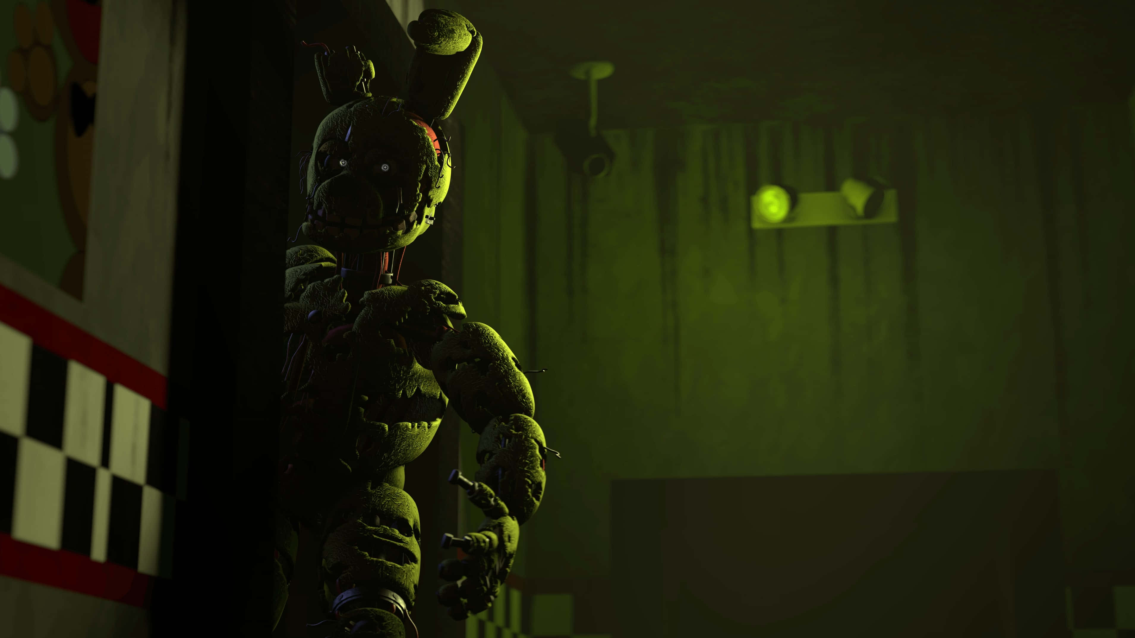 Springtrap, glowing eyes, dimly lit green-hued room, 2K Desktop Wallpaper