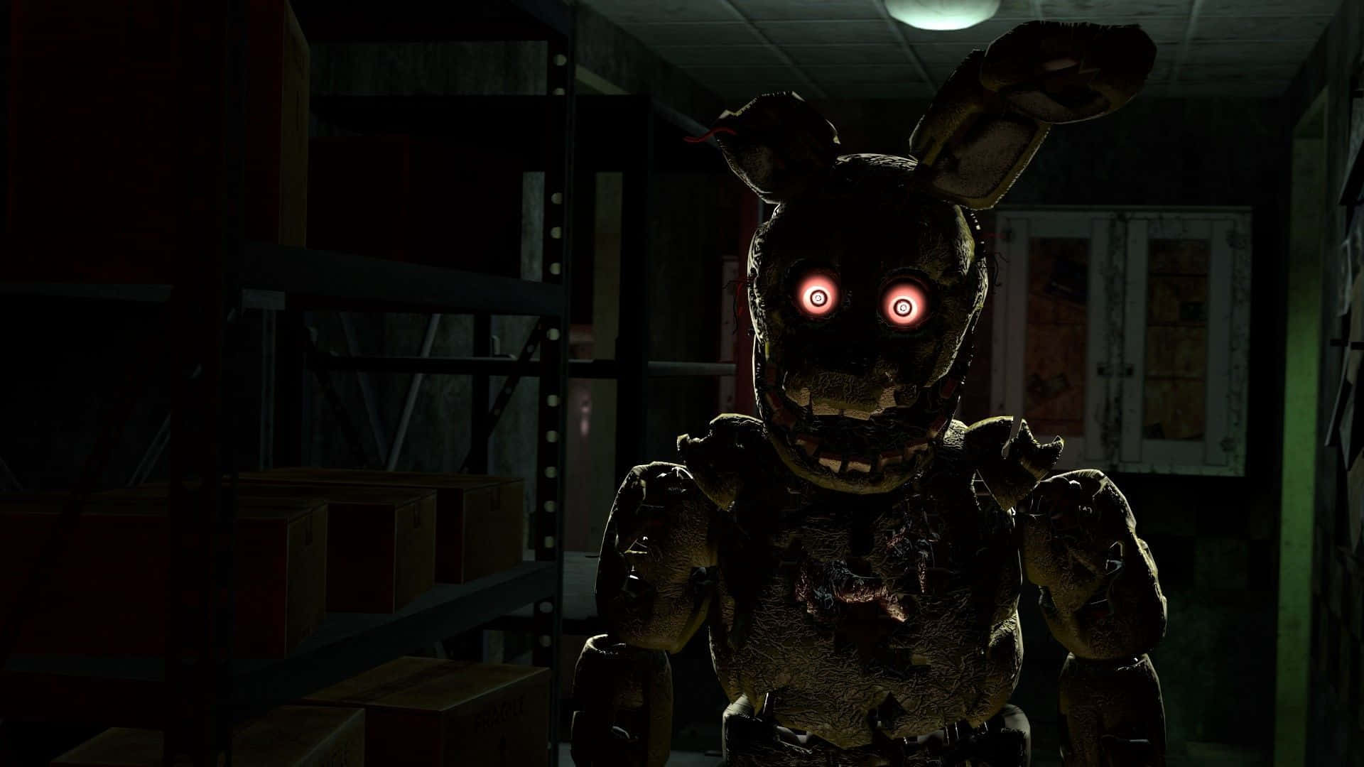 Springtrap, glowing red eyes, dimly lit storage room, Full HD Desktop Wallpaper