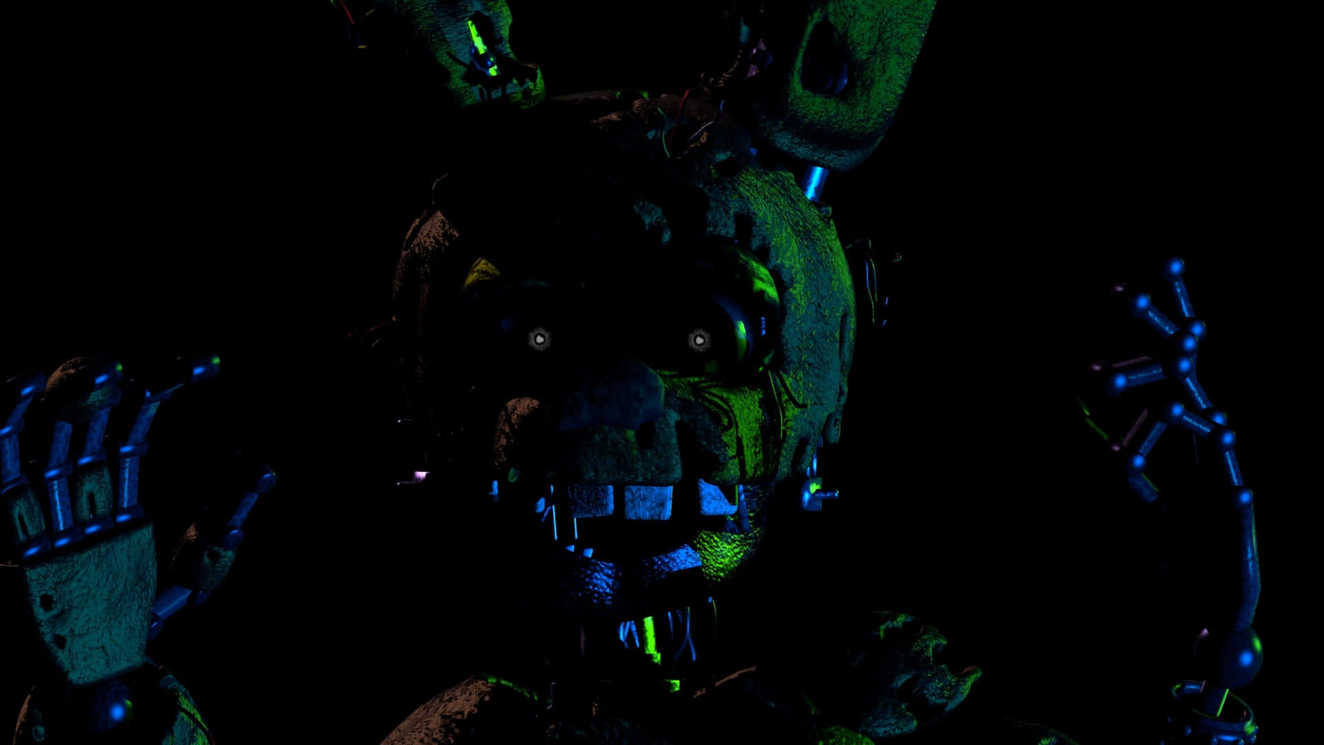 Springtrap, animatronic bear, eerie green and blue lights, Full HD Desktop Wallpaper