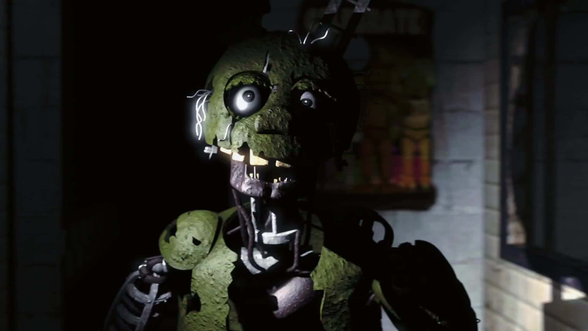 Springtrap, green animatronic, glowing eyes, Full HD Desktop Wallpaper