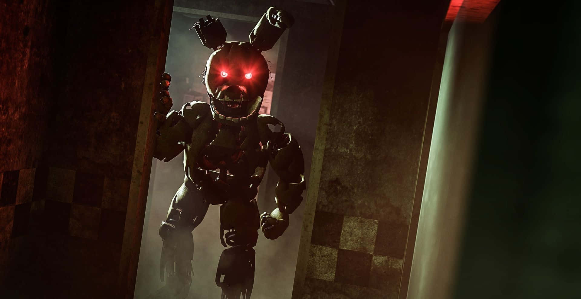 Springtrap, glowing red eyes, dimly lit doorway, Full HD Desktop Wallpaper
