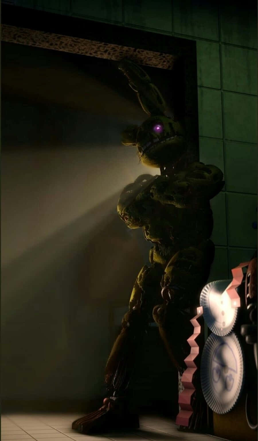 Springtrap, glowing purple eyes, dimly lit doorway, HD Phone Wallpaper