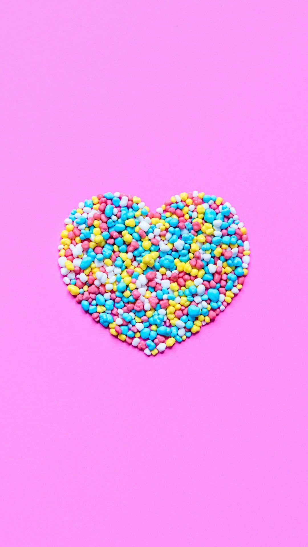 colorful sprinkles, heart, pink background, Full HD Phone Wallpaper