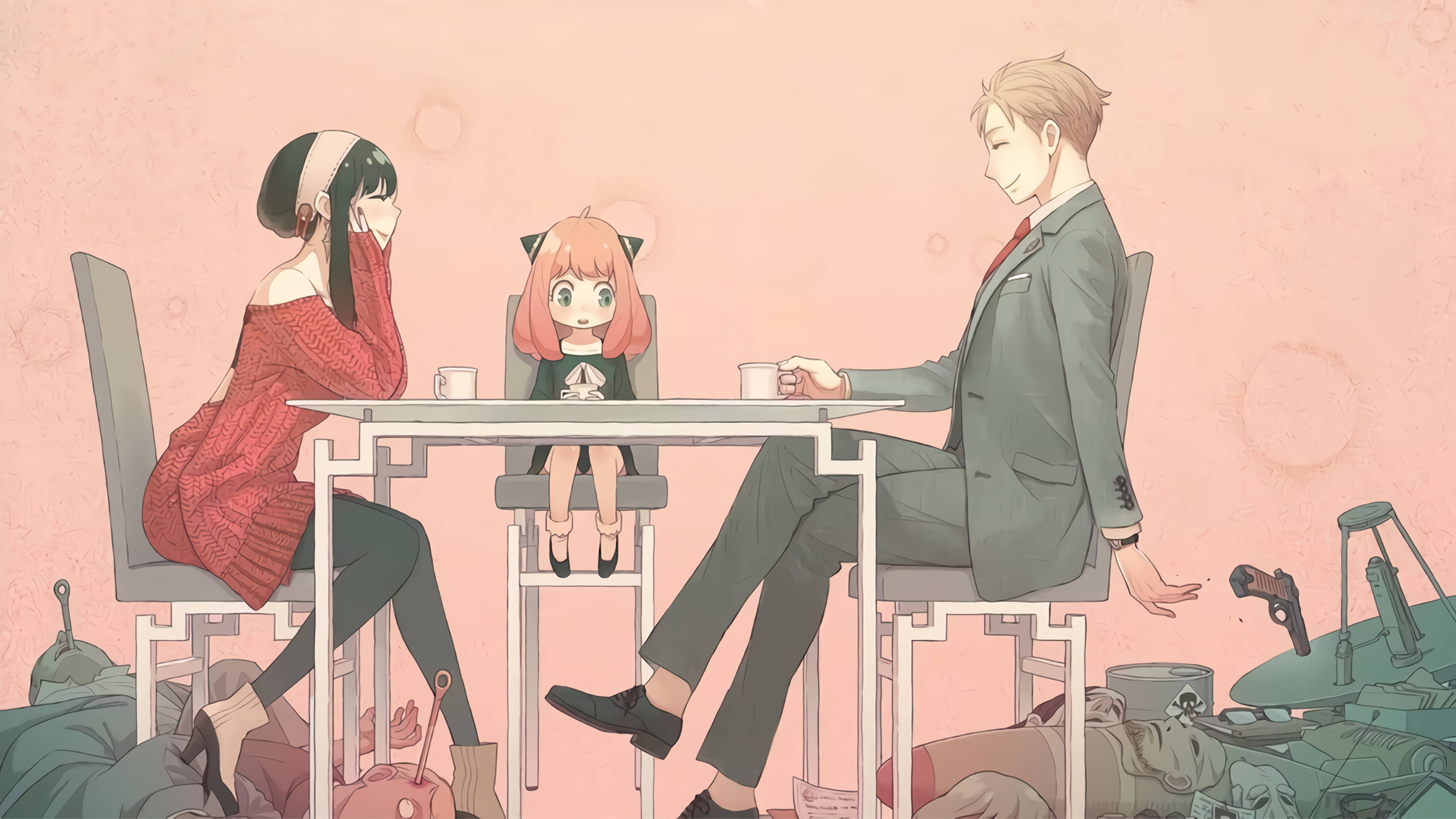 Spy X Family, table, pink room, 4K Desktop Wallpaper