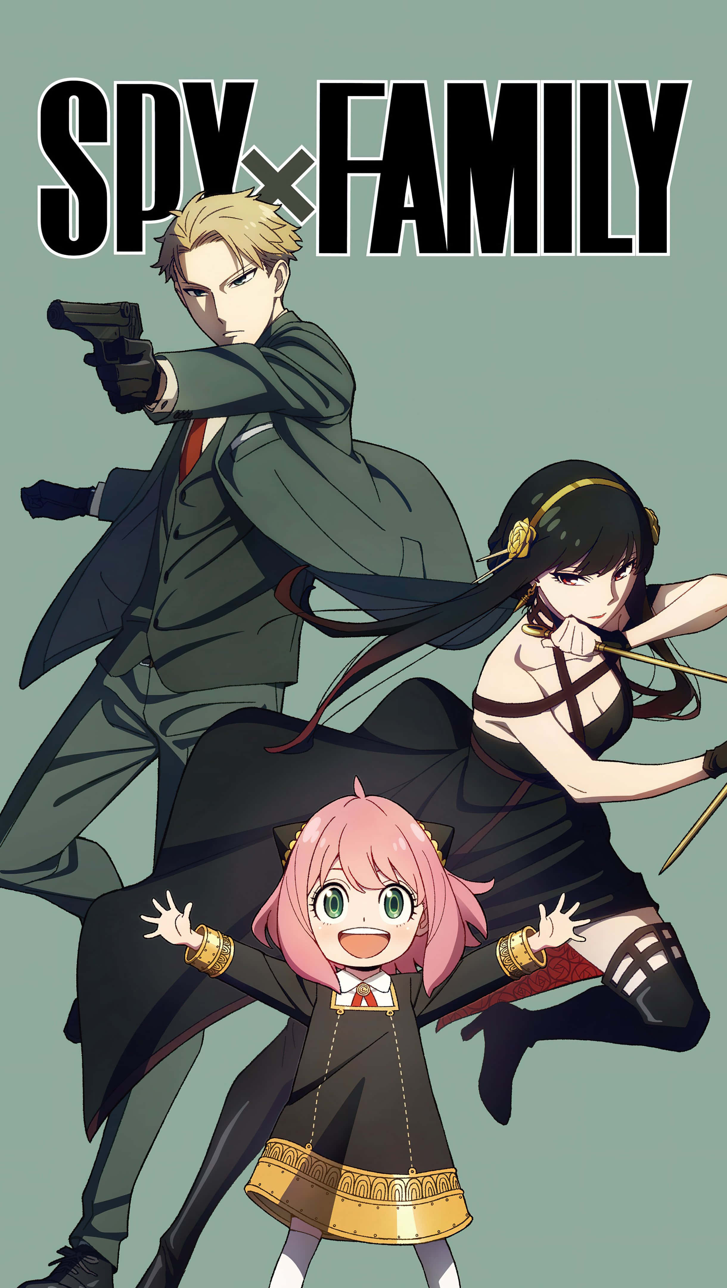 Spy x Family, anime characters, muted green background, 4K Phone Wallpaper